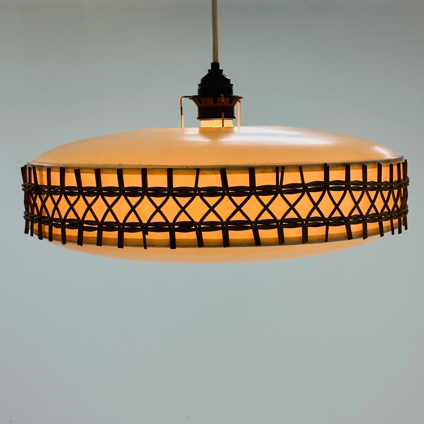 Mid century Round Plastic and Wicker pendant Lamp, Germany, 1960s