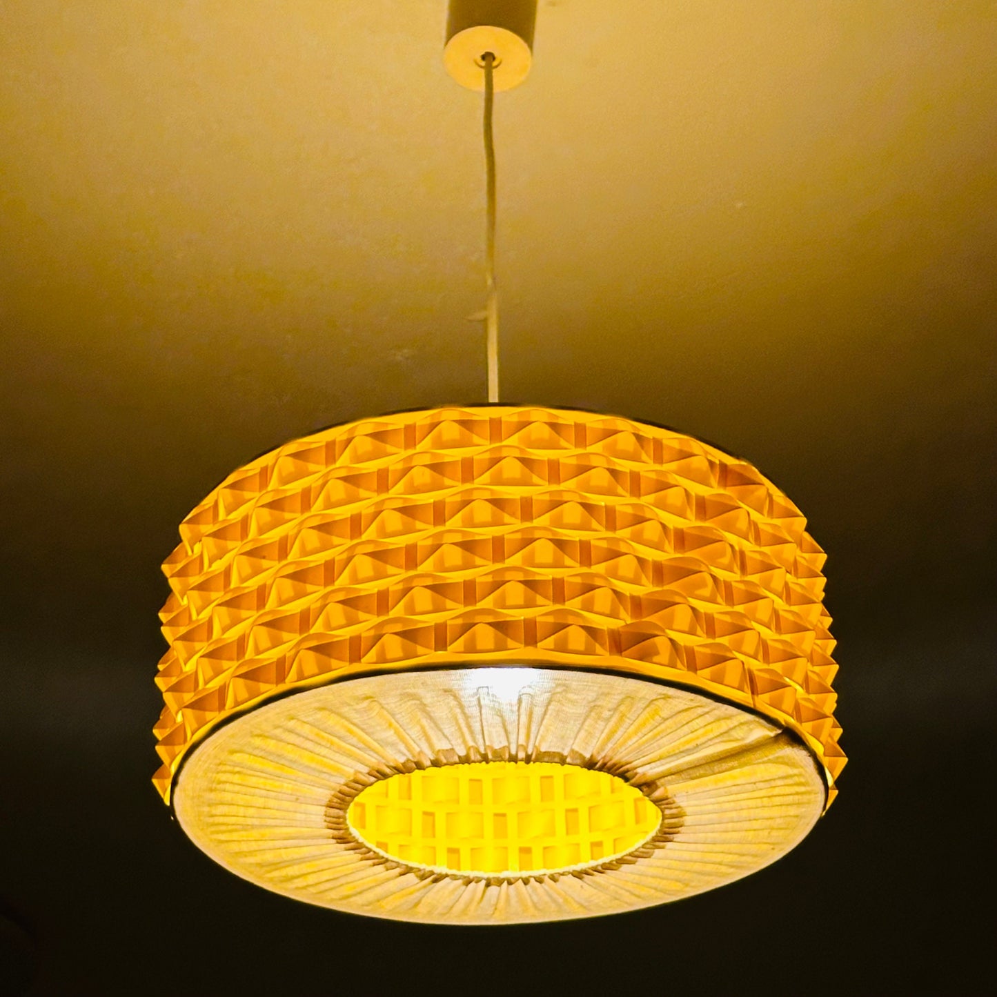 Rare Space age yellow plastic pendant lamp with fabric details 1970s