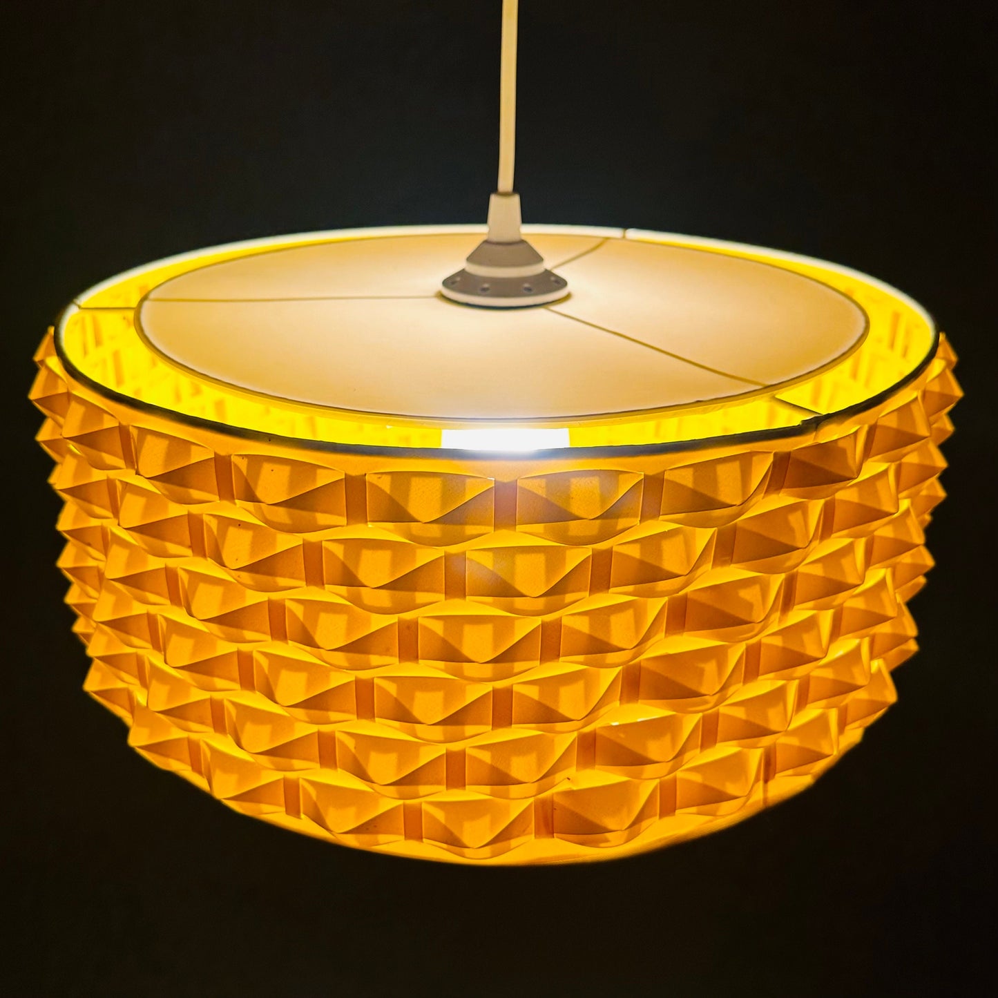 Rare Space age yellow plastic pendant lamp with fabric details 1970s