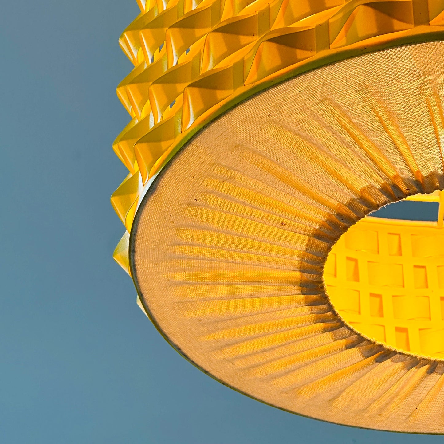 Rare Space age yellow plastic pendant lamp with fabric details 1970s