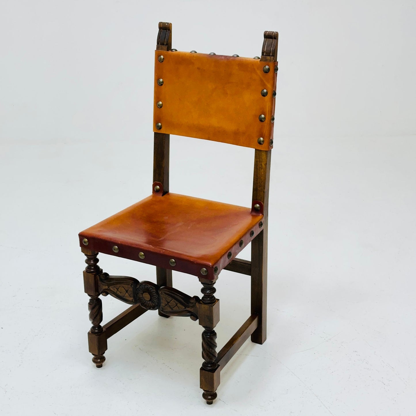 1 of 3 Antique Swedish Folk Art Farm Country Dining Chairs In Pine And Tan Leather 1890s