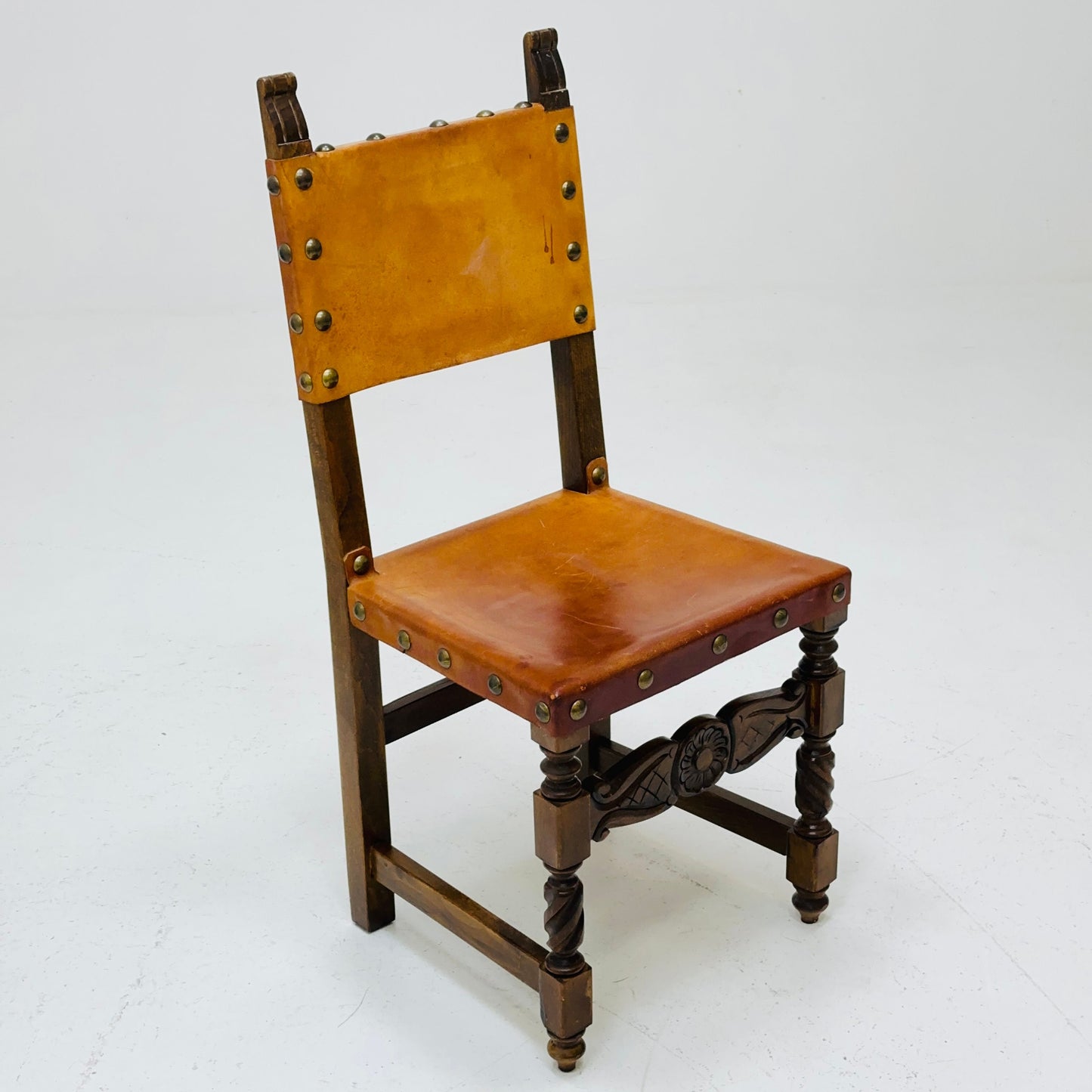 1 of 3 Antique Swedish Folk Art Farm Country Dining Chairs In Pine And Tan Leather 1890s