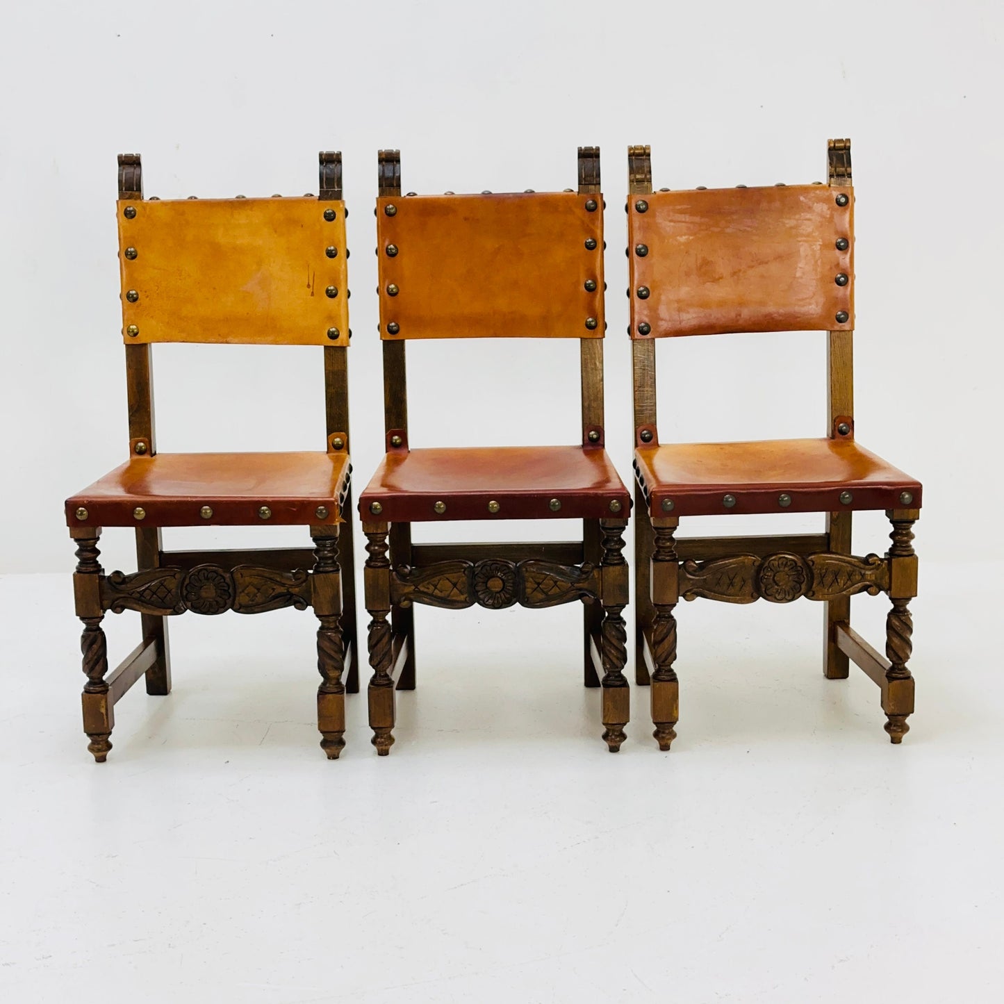 1 of 3 Antique Swedish Folk Art Farm Country Dining Chairs In Pine And Tan Leather 1890s