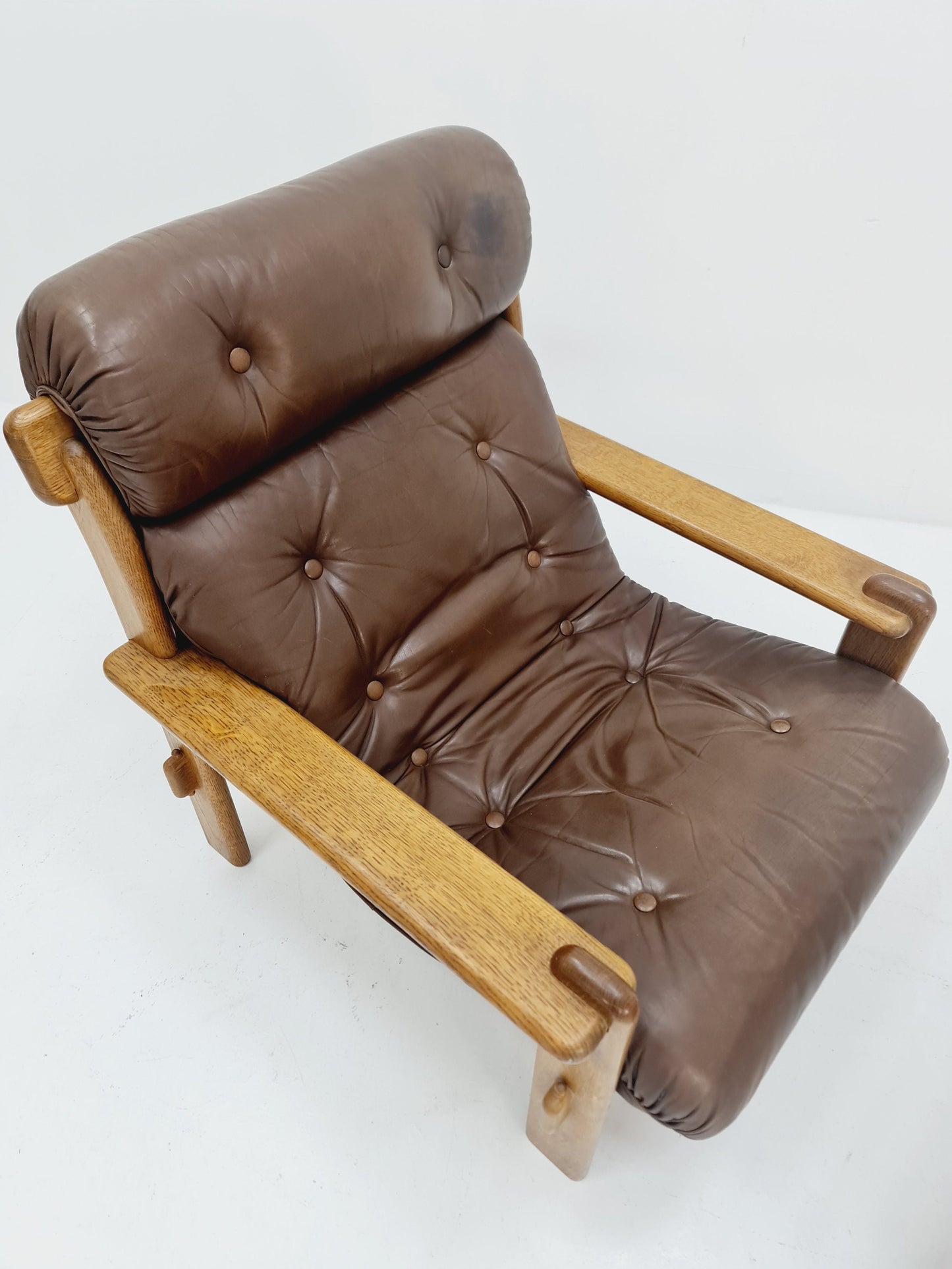 Mid Century Scandinavian Solid Oak & Leather lounge chair/ Easy chair with Ottoman, 1960s