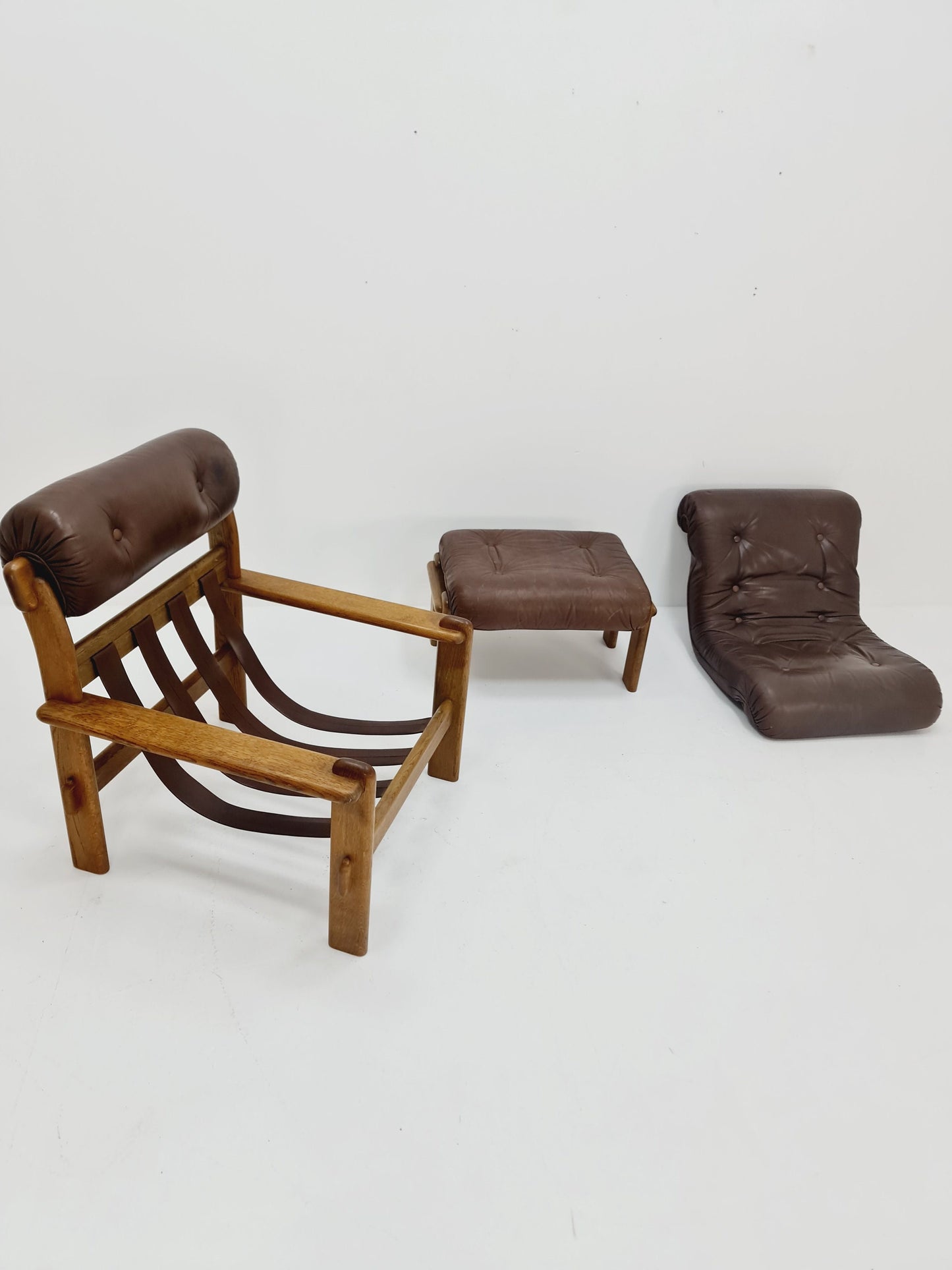 Mid Century Scandinavian Solid Oak & Leather lounge chair/ Easy chair with Ottoman, 1960s