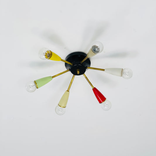 Mid century “sputnik”ceiling lamp with 6 colored arms 1950s