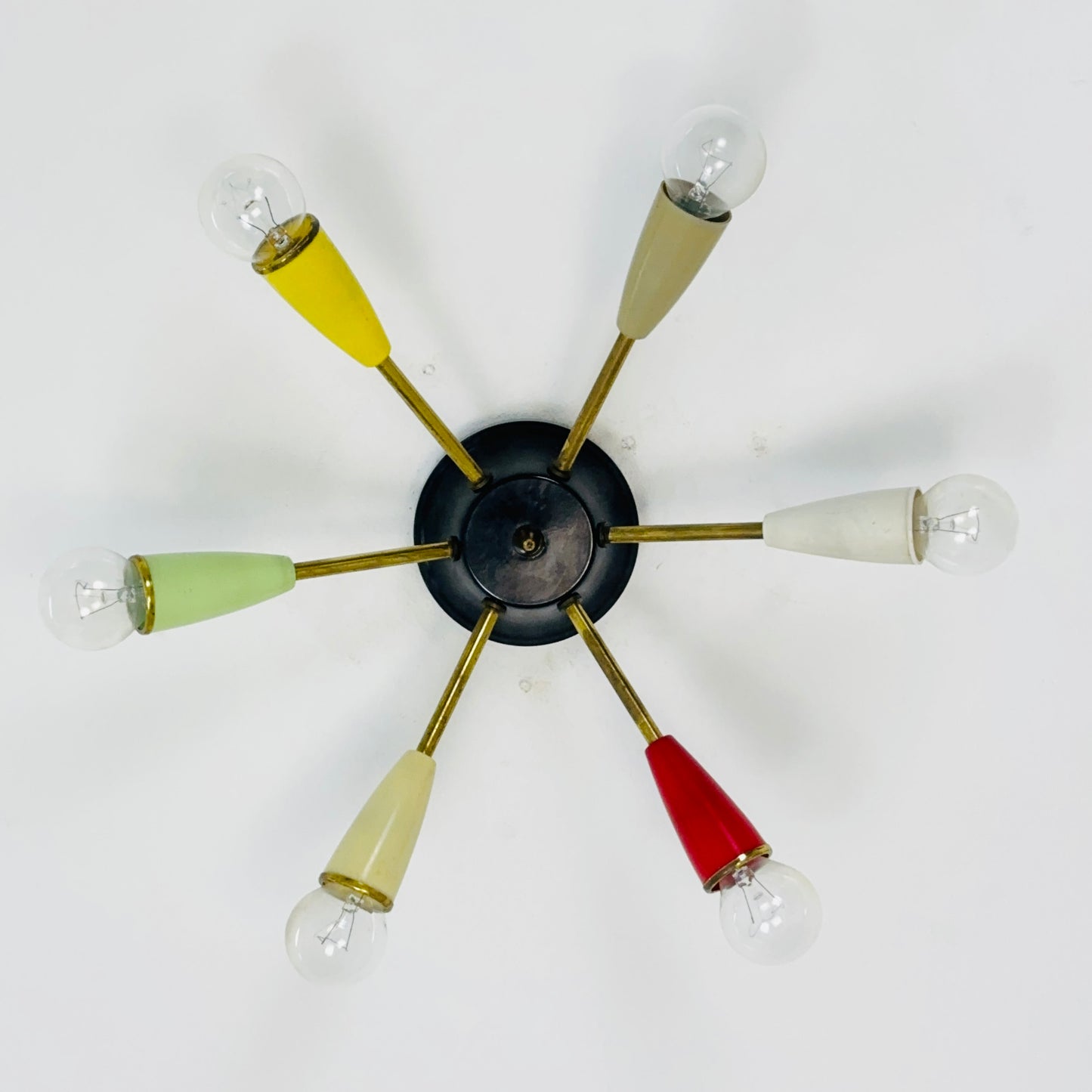 Mid century “sputnik”ceiling lamp with 6 colored arms 1950s