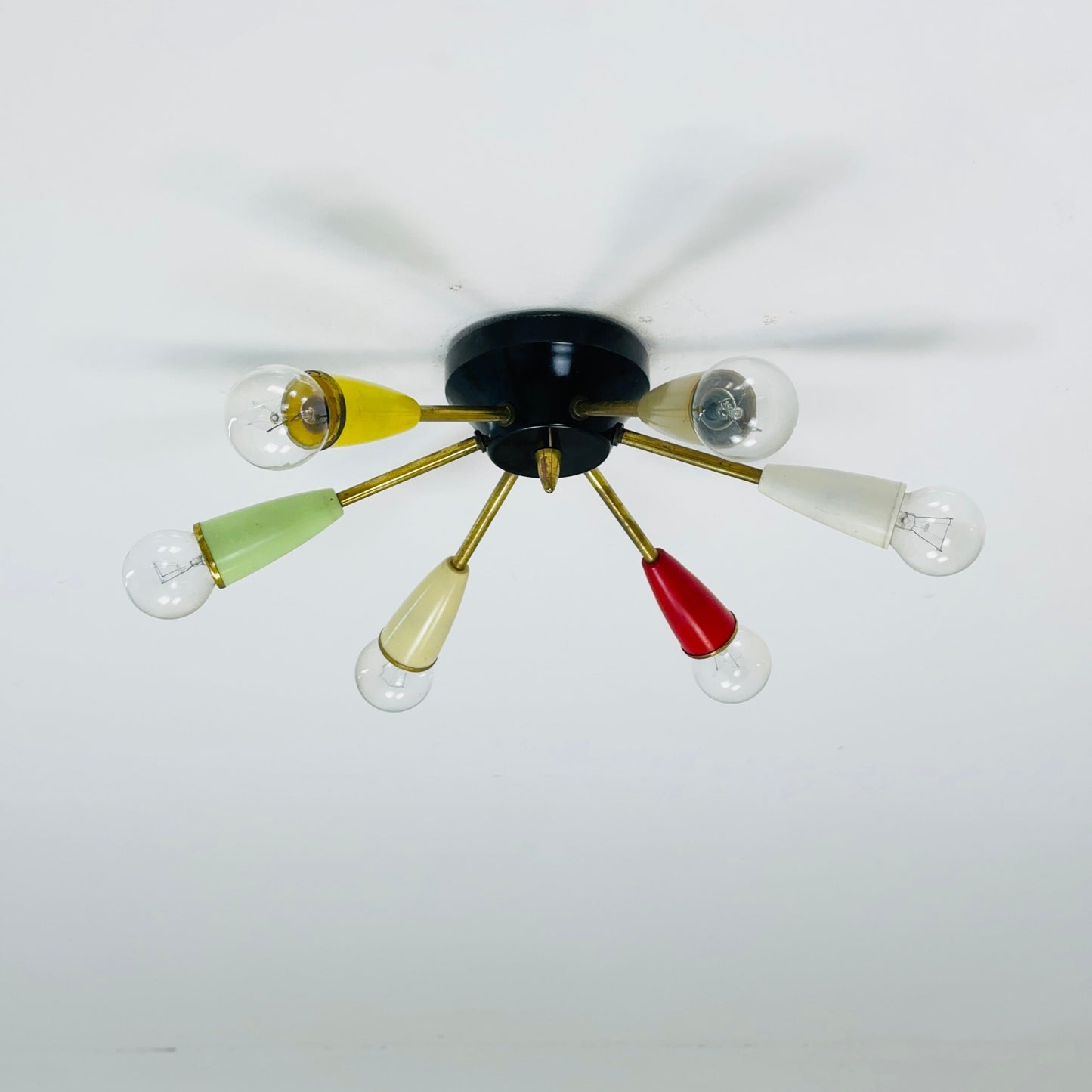 Mid century “sputnik”ceiling lamp with 6 colored arms 1950s