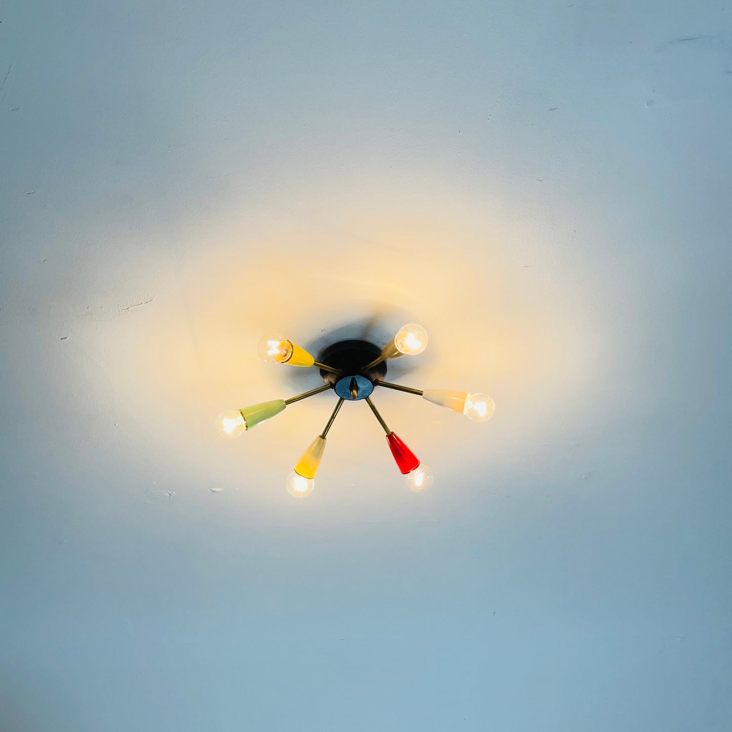 Mid century “sputnik”ceiling lamp with 6 colored arms 1950s
