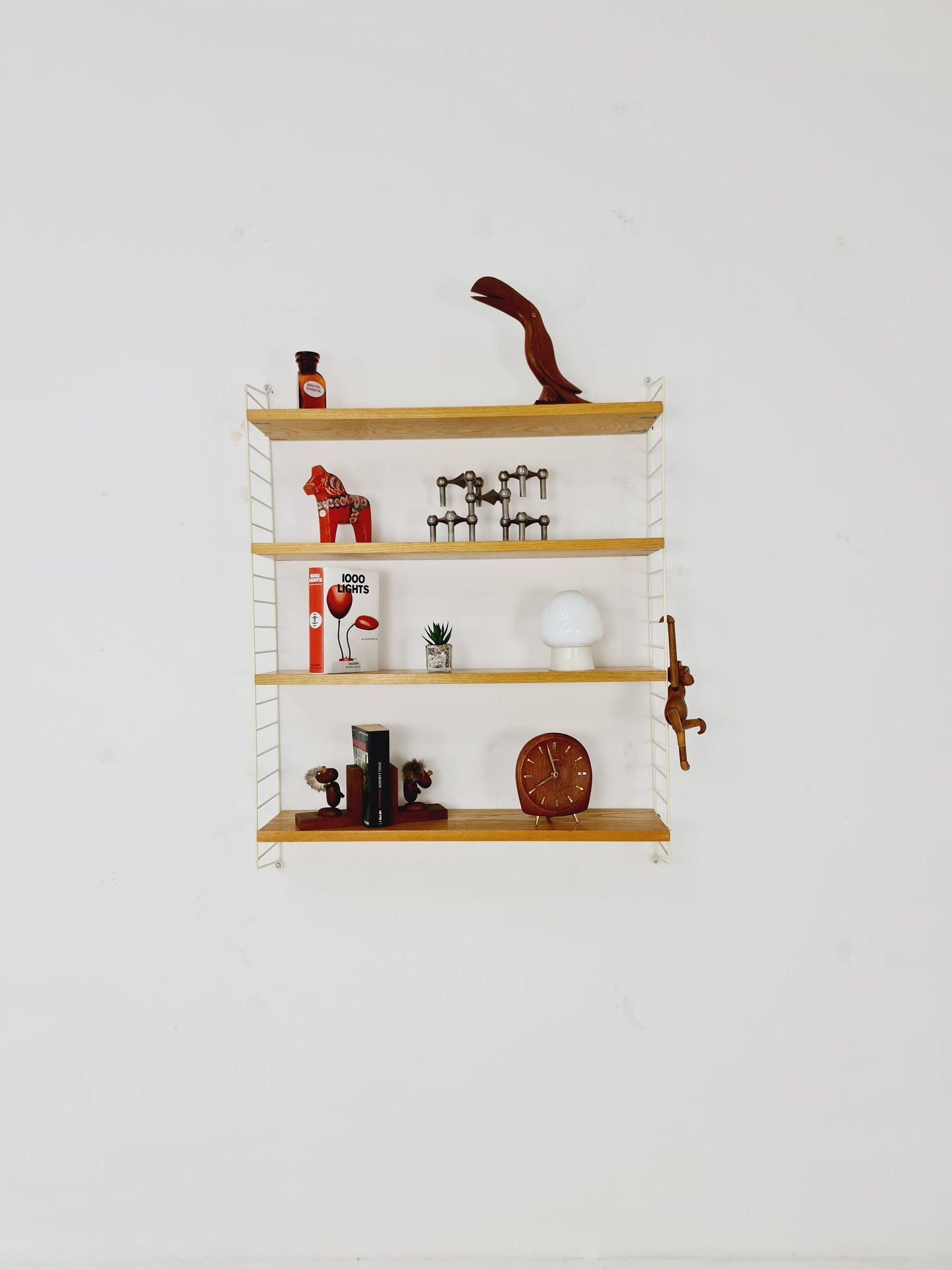 Original MCM Oak shelving system - consists of white lacquered metal ladders, from string Stockholm 1960s
