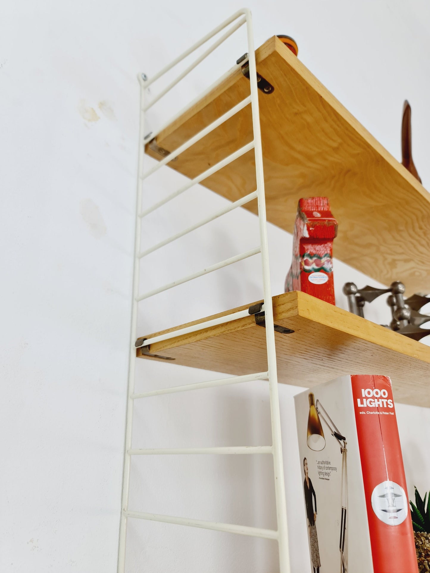 Original MCM Oak shelving system - consists of white lacquered metal ladders, from string Stockholm 1960s