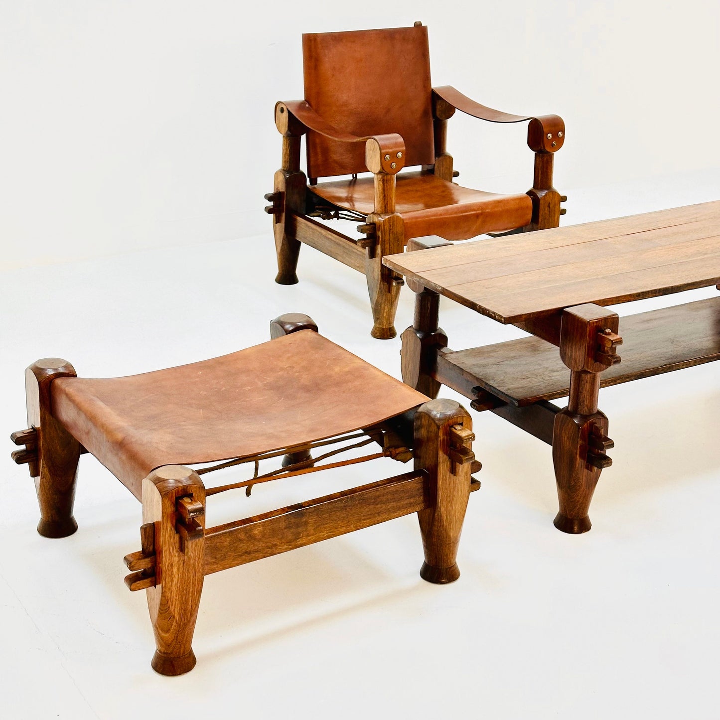 Mid Century Brutalist Safari Living Room Set in Cognac Leather , 1960s Nepal