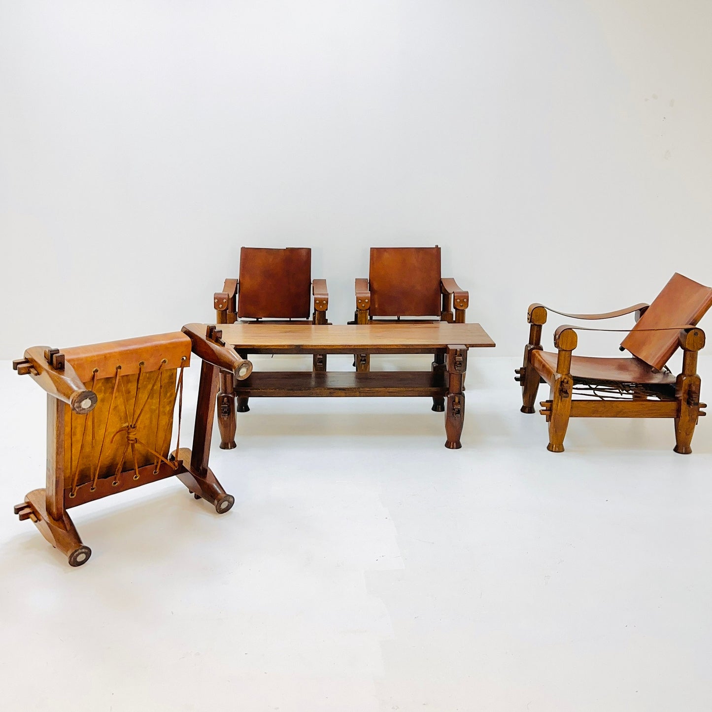 Mid Century Brutalist Safari Living Room Set in Cognac Leather , 1960s Nepal