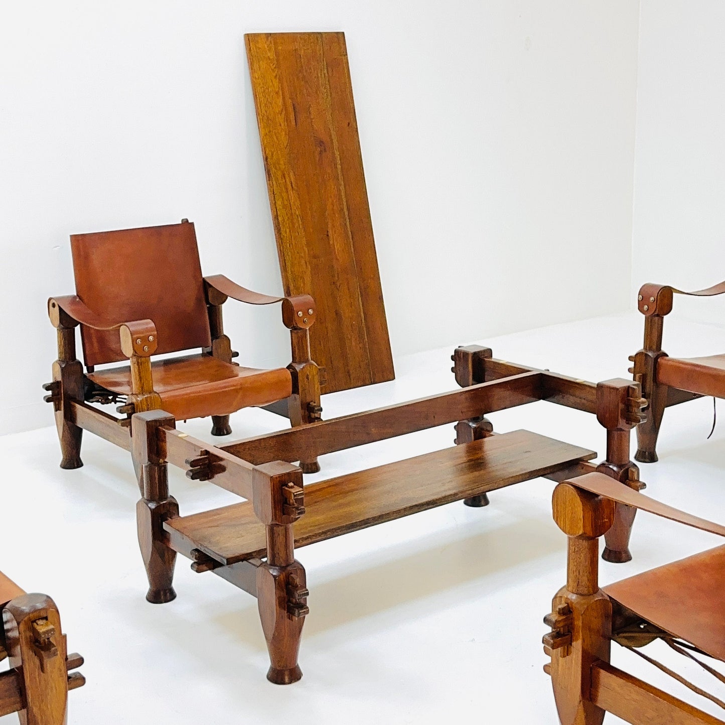 Mid Century Brutalist Safari Living Room Set in Cognac Leather , 1960s Nepal