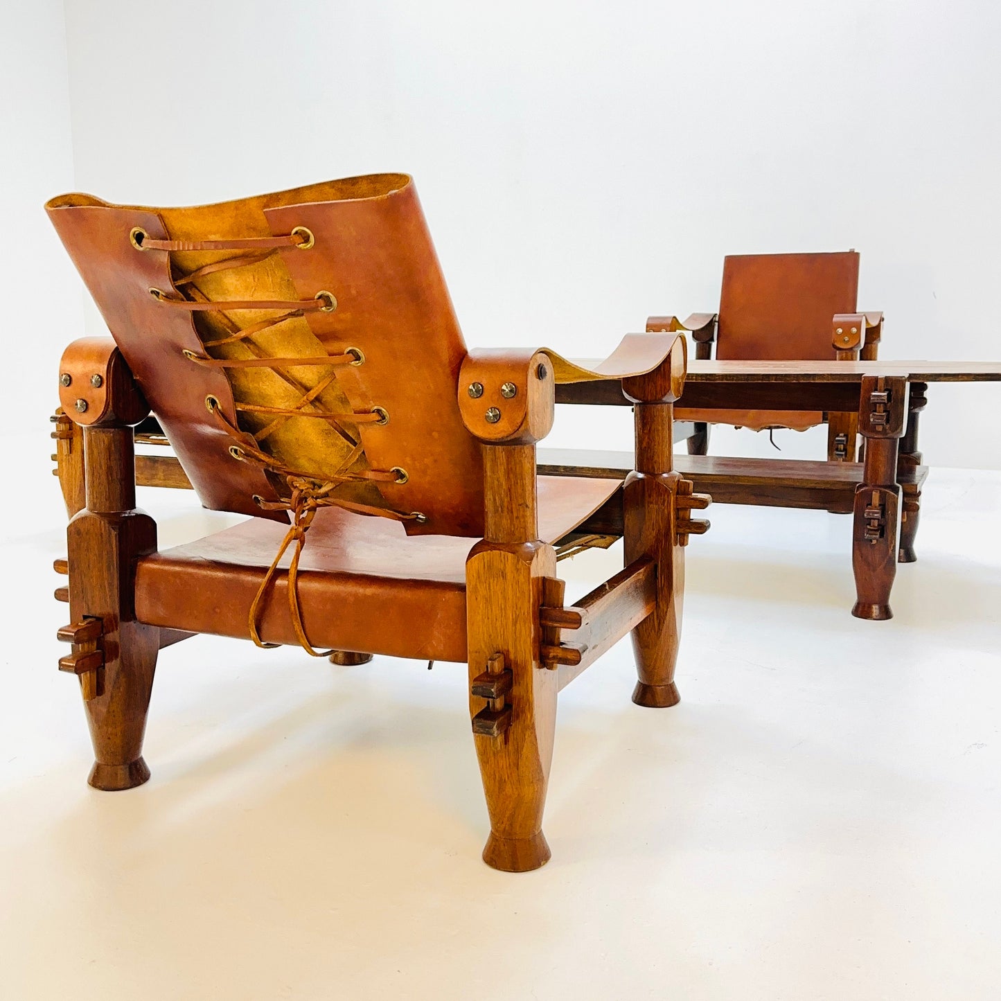 Mid Century Brutalist Safari Living Room Set in Cognac Leather , 1960s Nepal