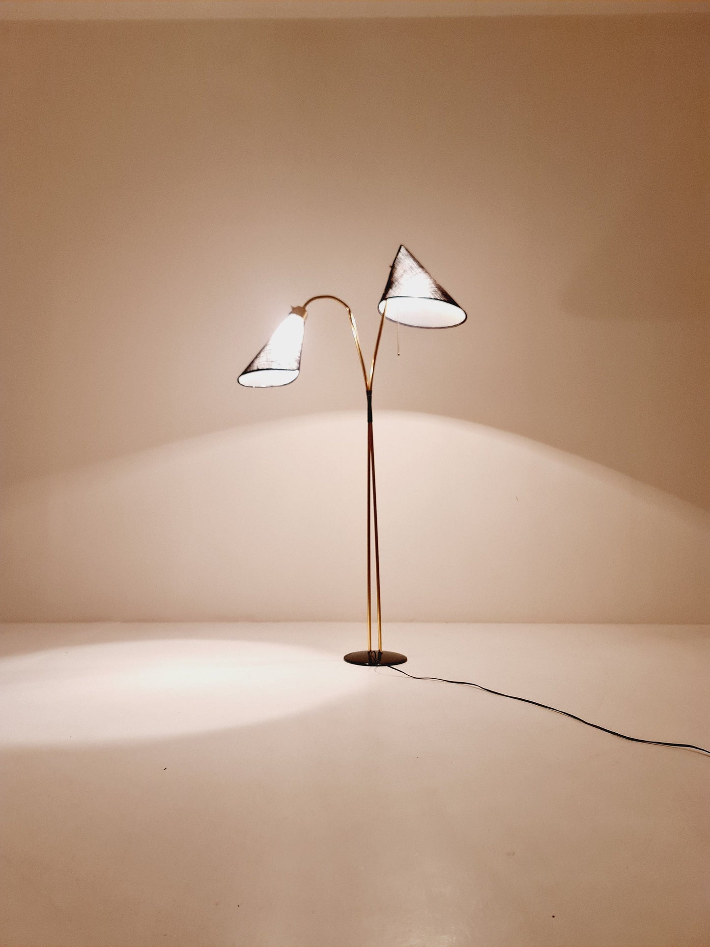 German Modern three flex arms brass floor lamp, tütenlampe, 1950s
