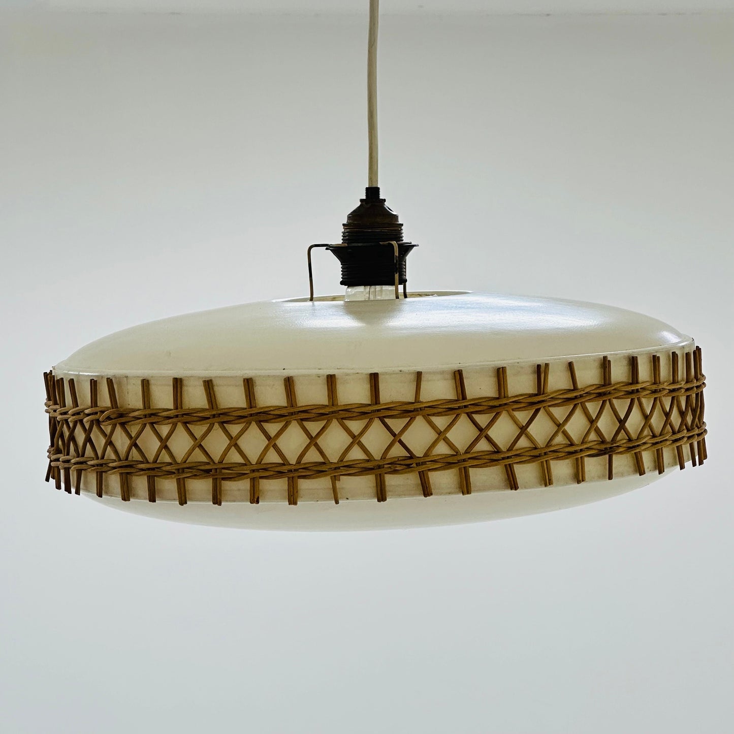 Mid century Round Plastic and Wicker pendant Lamp, Germany, 1960s