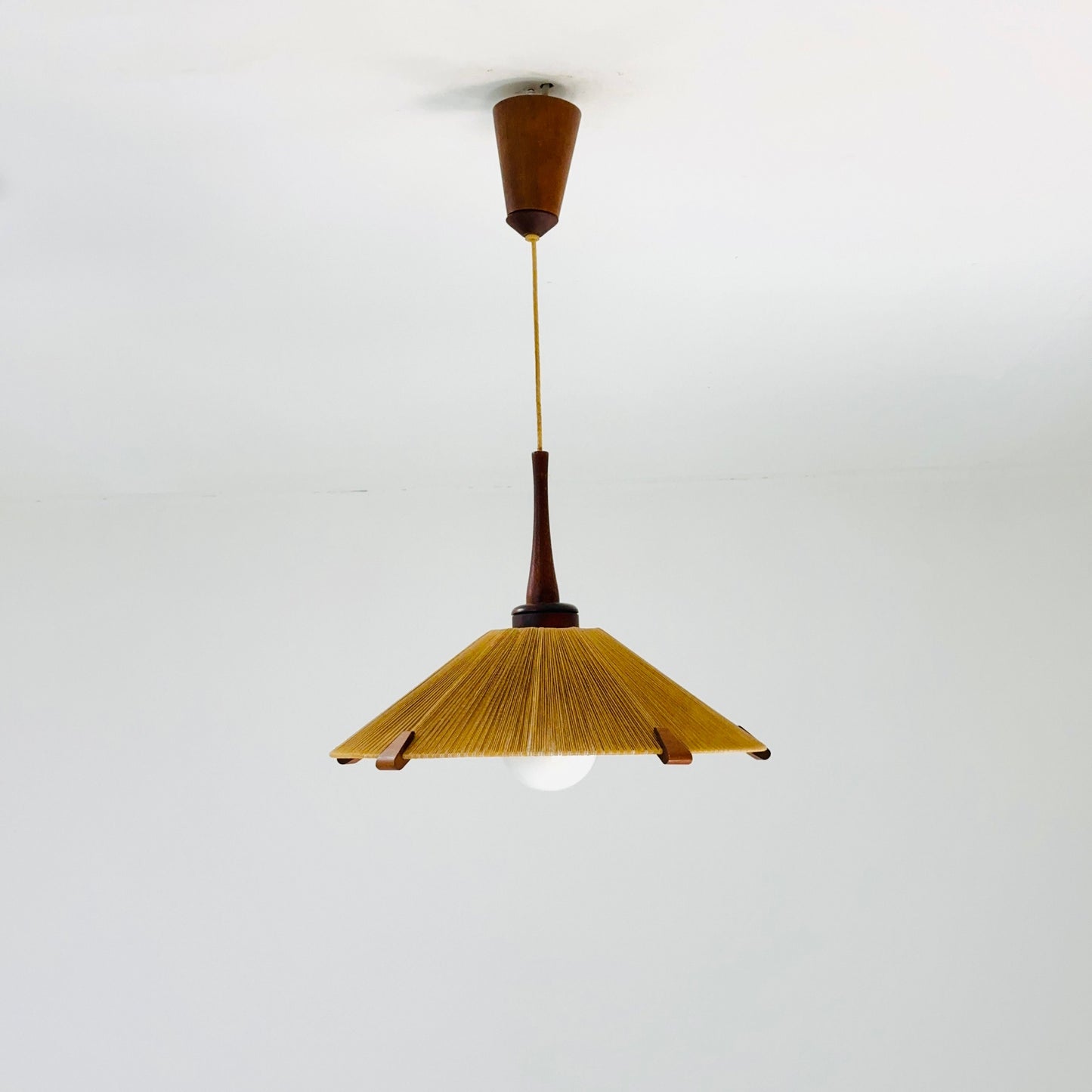 Mid-Century Modern raffia bast and teak pendant lamp by Temde Denmark, 1960s