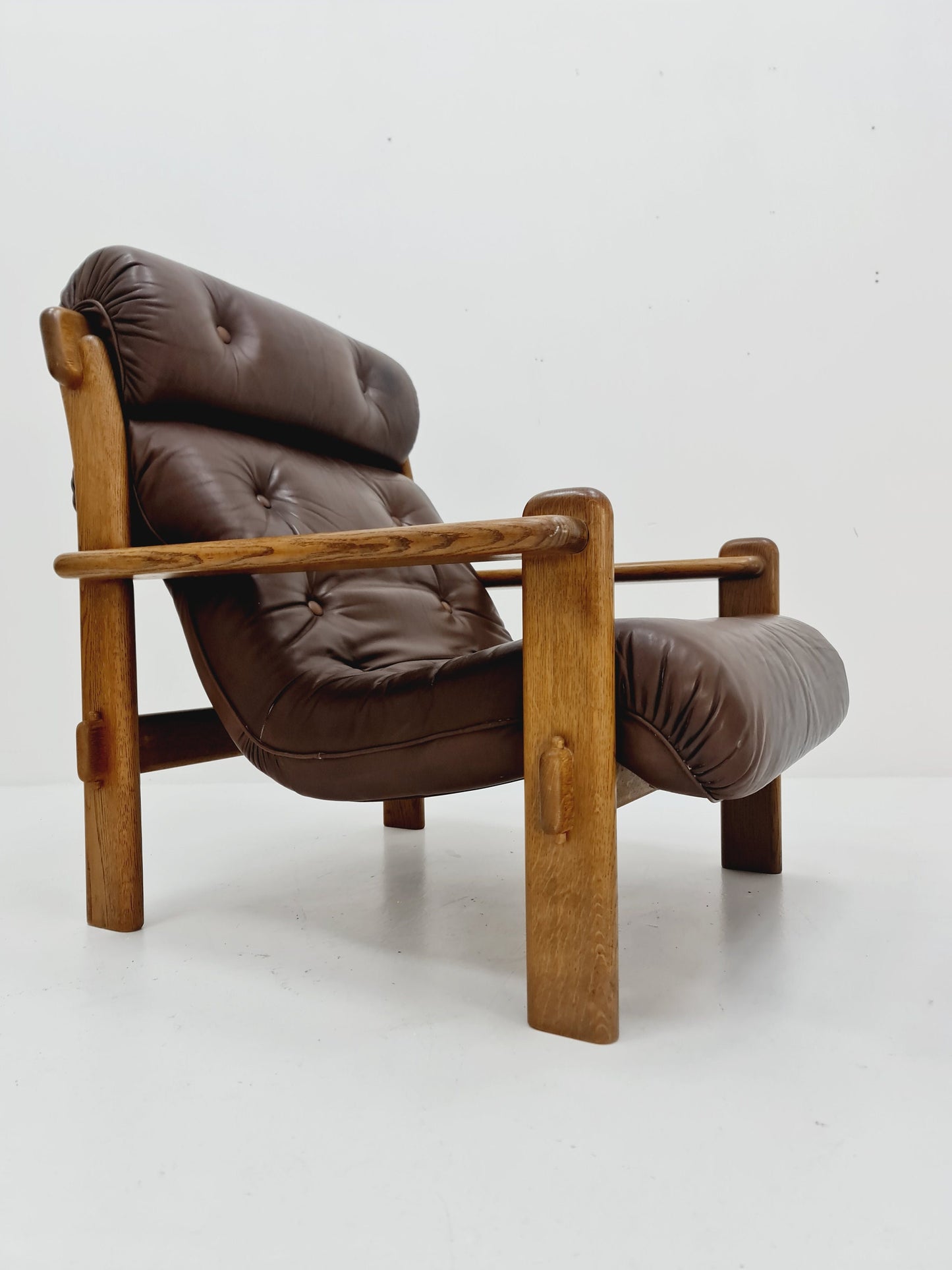 Mid Century Scandinavian Solid Oak & Leather lounge chair/ Easy chair with Ottoman, 1960s
