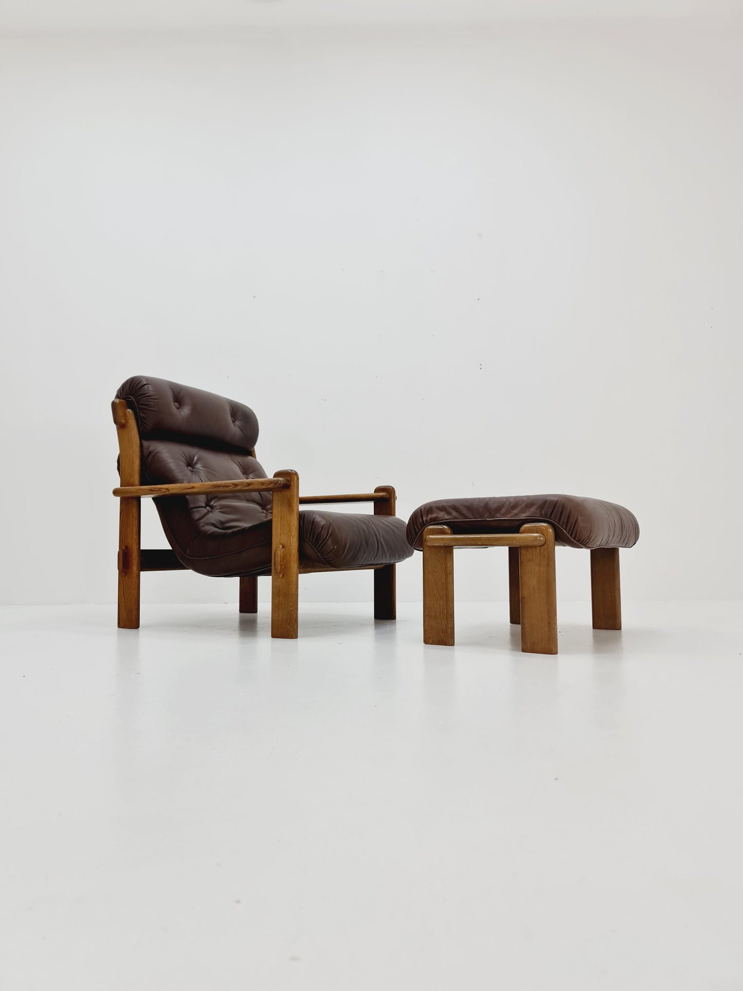 Mid Century Scandinavian Solid Oak & Leather lounge chair/ Easy chair with Ottoman, 1960s