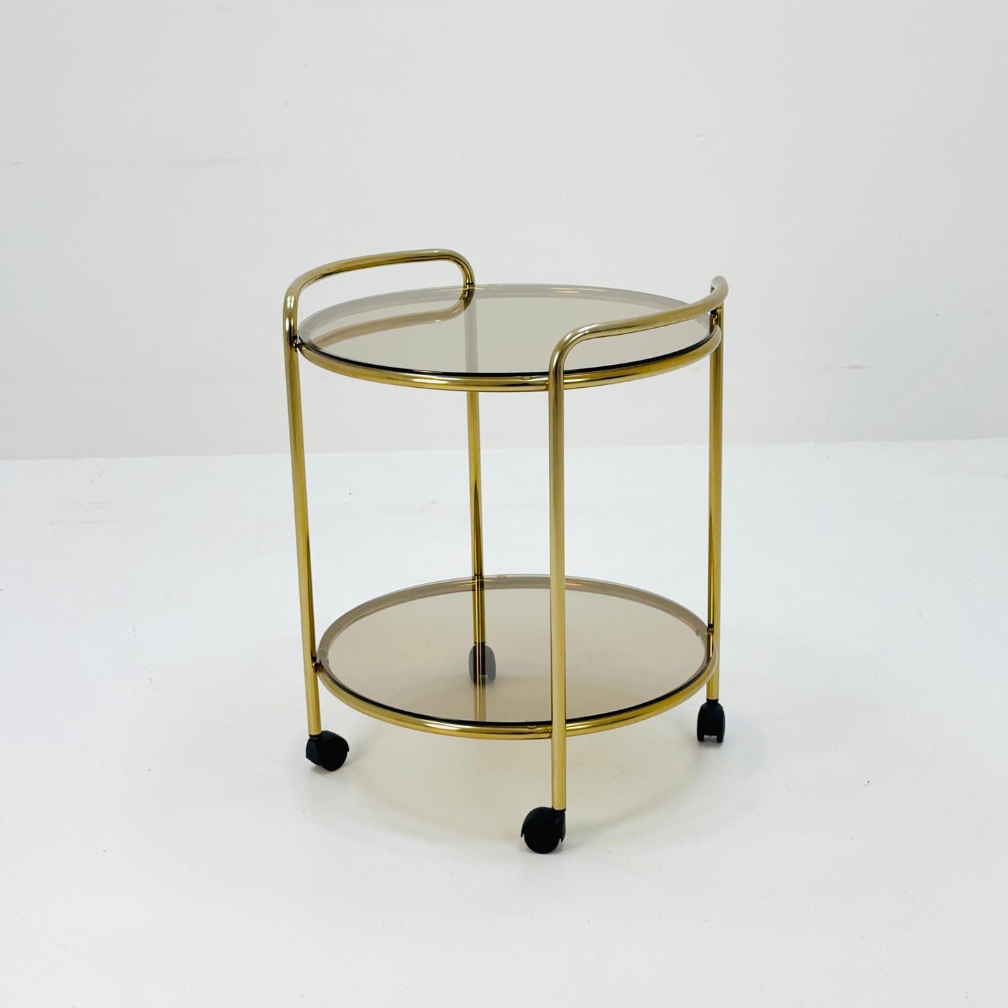 Mid Century Modern Bar/ Tea Cart Gold/Brass smoked Glass France 1970s .