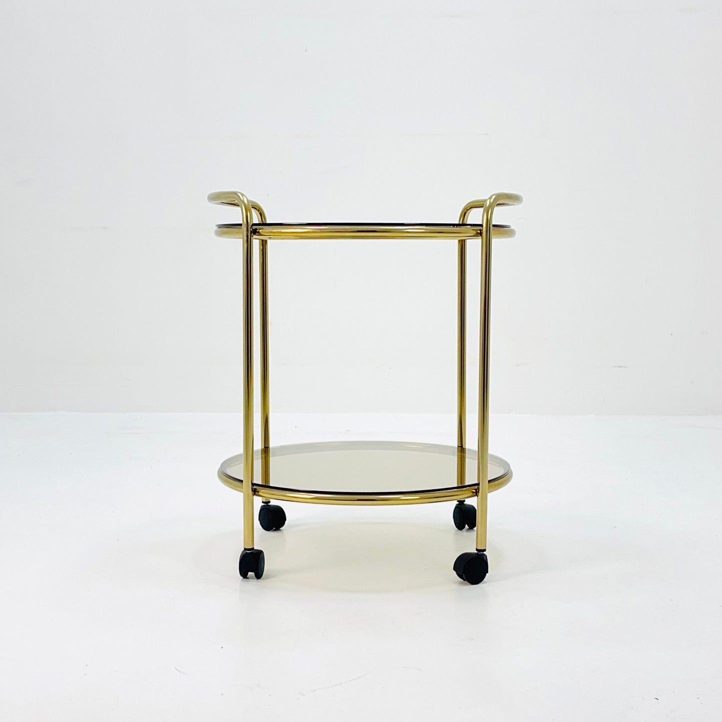 Mid Century Modern Bar/ Tea Cart Gold/Brass smoked Glass France 1970s .