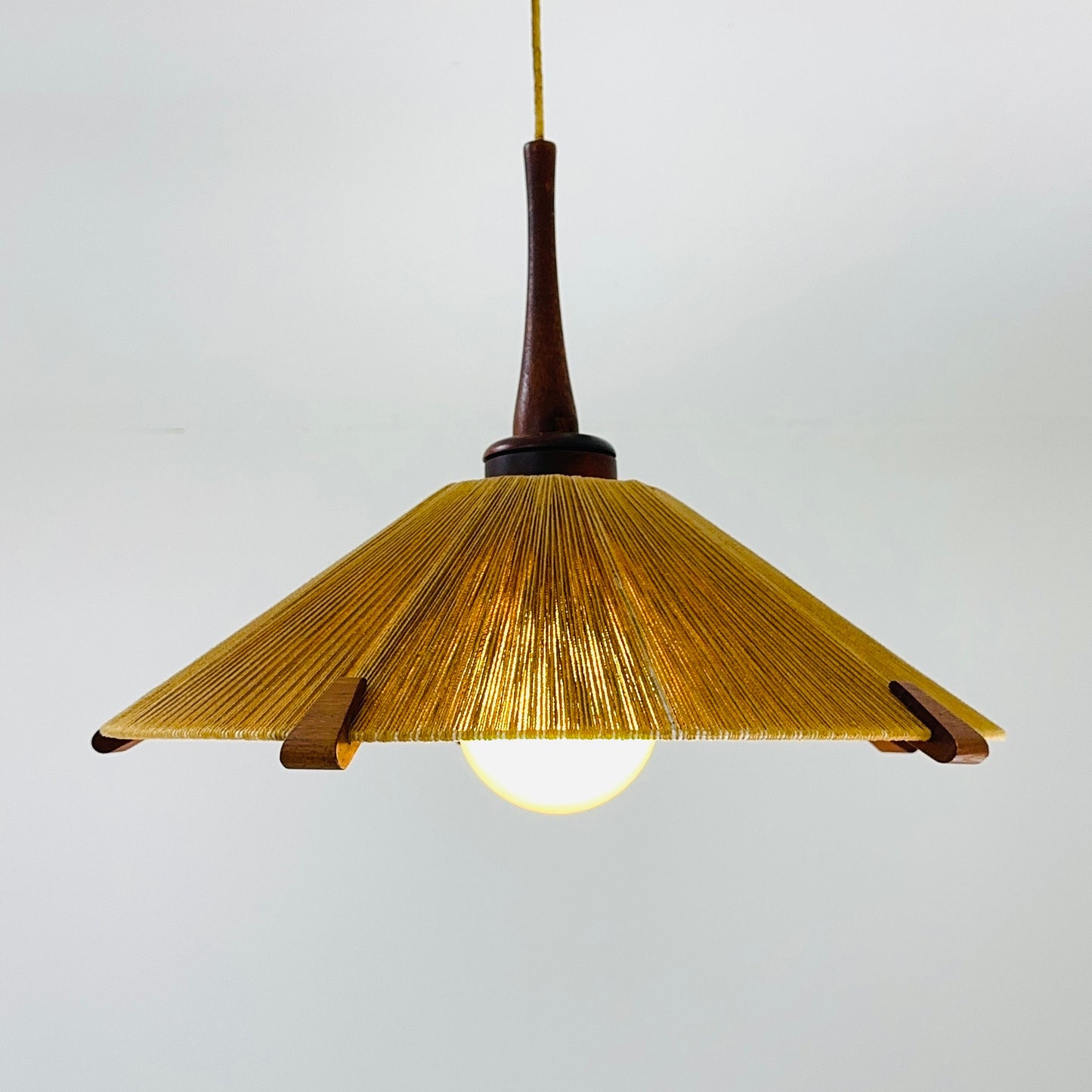 Mid-Century Modern raffia bast and teak pendant lamp by Temde Denmark, 1960s