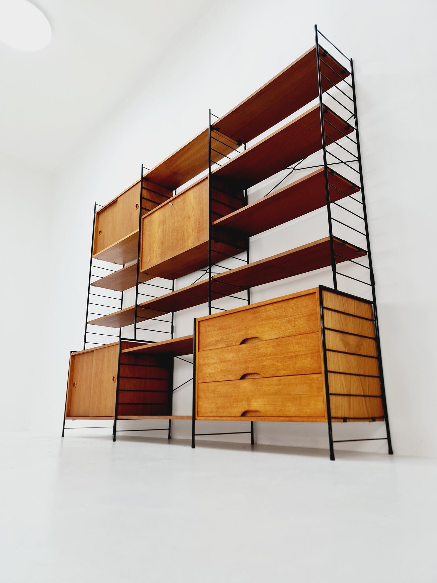 String shelf-system, bookcase with bar cabinet teak by WHB Germany, 1950s