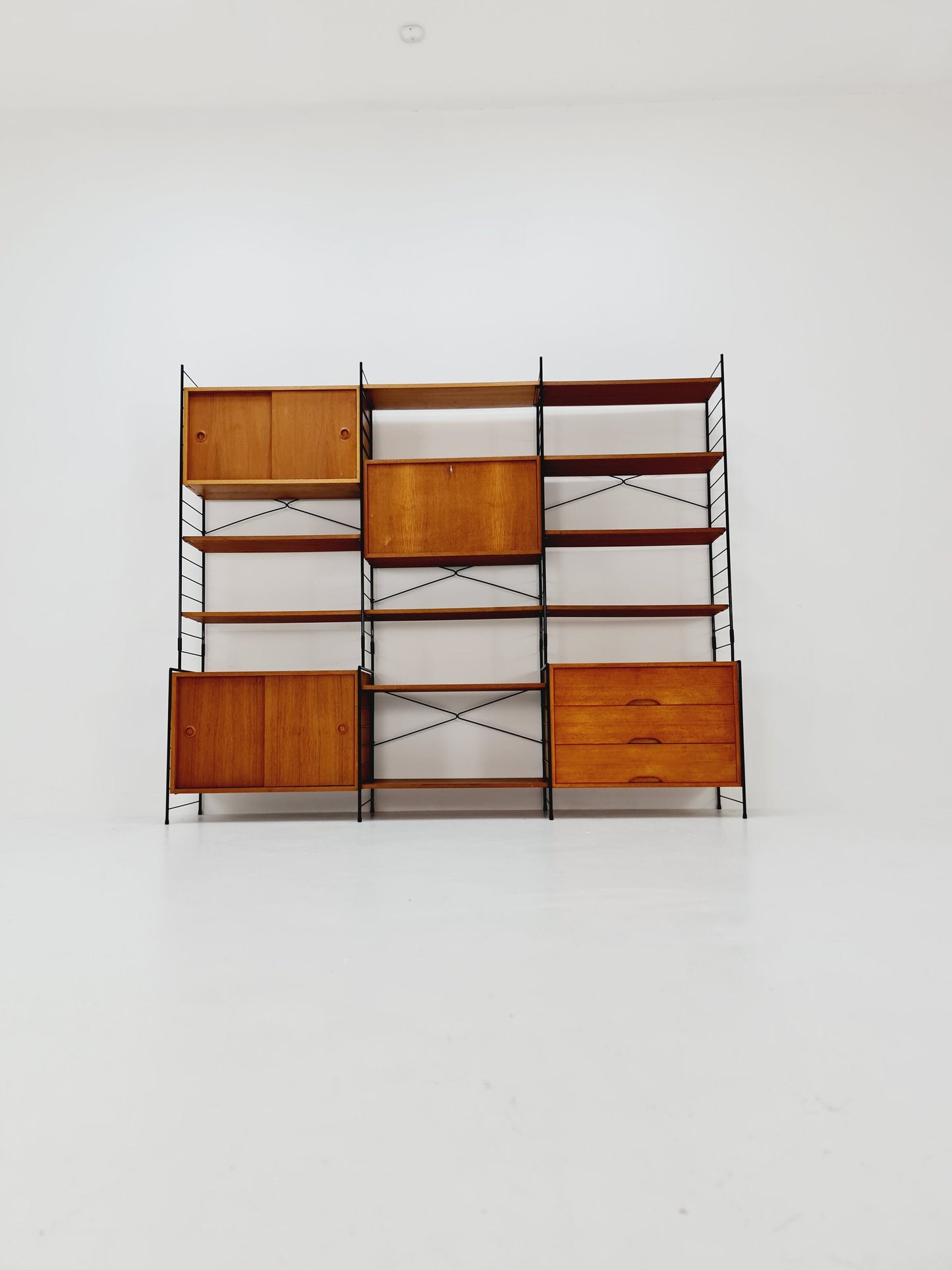 String shelf-system, bookcase with bar cabinet teak by WHB Germany, 1950s