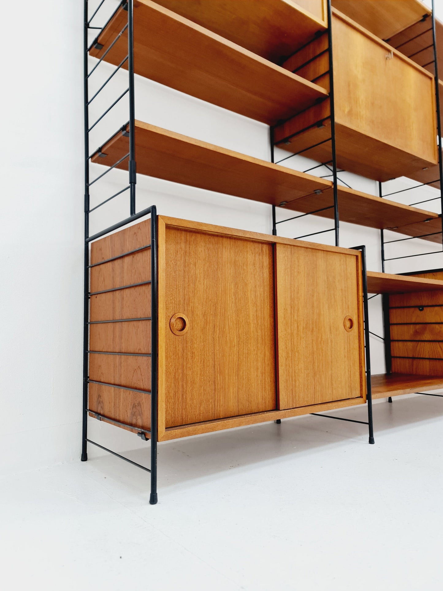 String shelf-system, bookcase with bar cabinet teak by WHB Germany, 1950s
