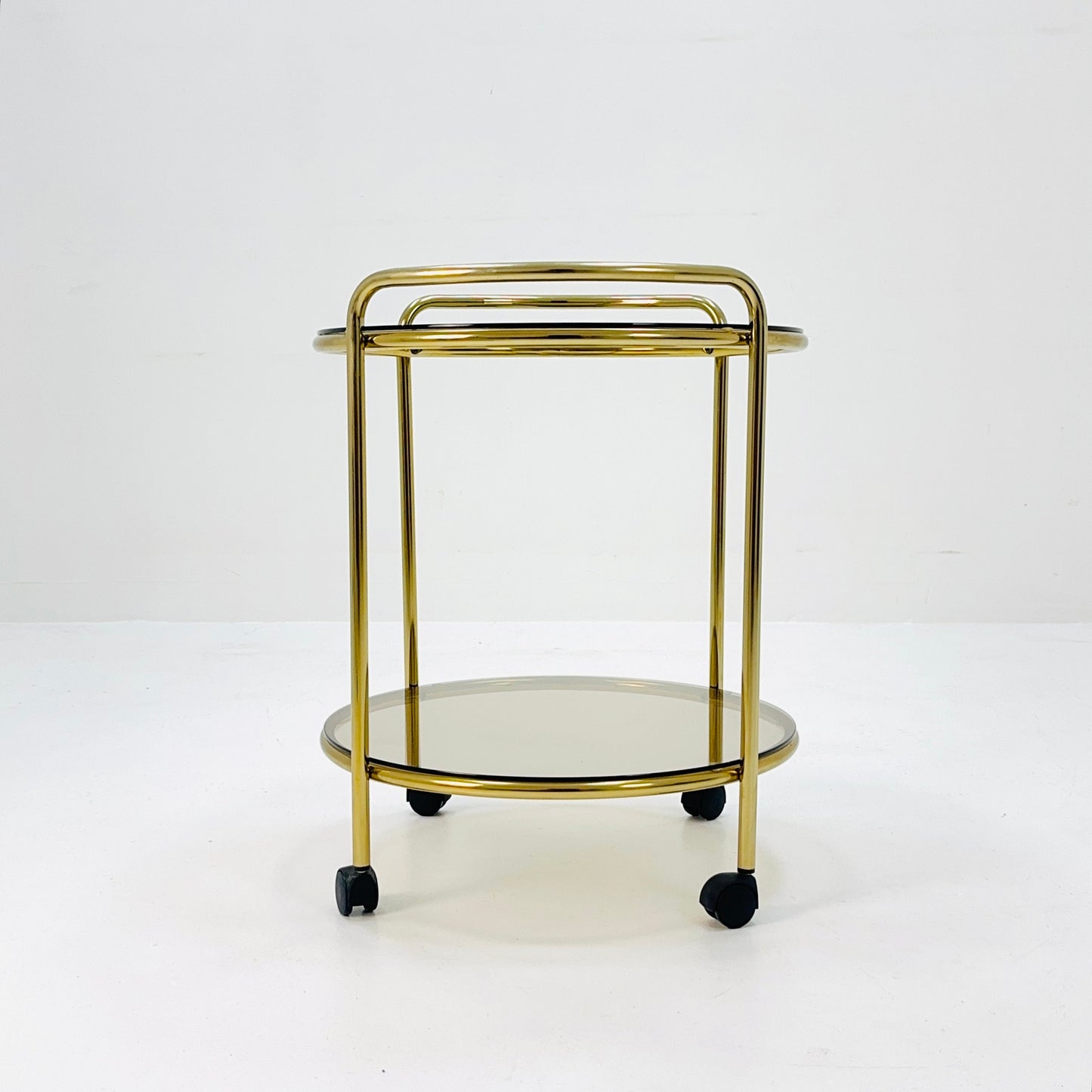 Mid Century Modern Bar/ Tea Cart Gold/Brass smoked Glass France 1970s .