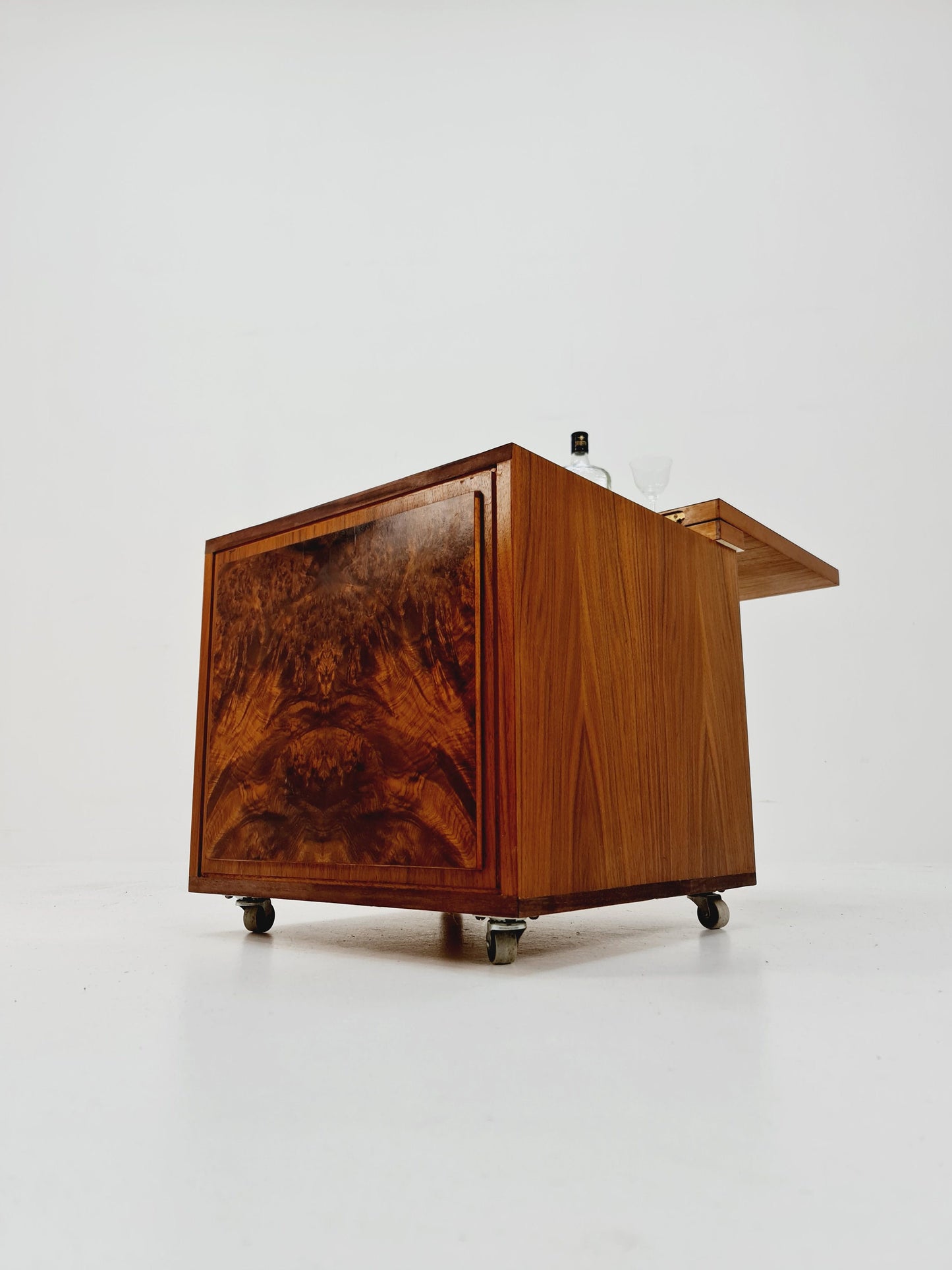 Super rare German mid century bar cart trolley in teak and beech, 1960s