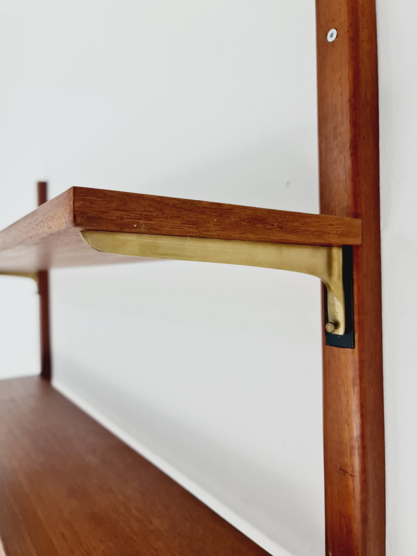 Rare Wall-mounted original teak Danish brass shelf-system bookcase, 1960s