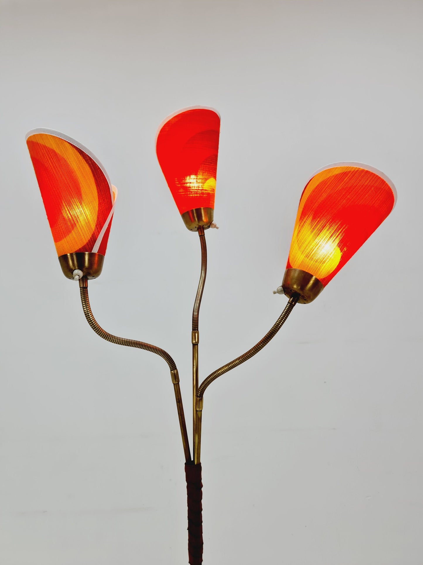 German Modern three flex arms brass floor lamp, tütenlampe, 1950s