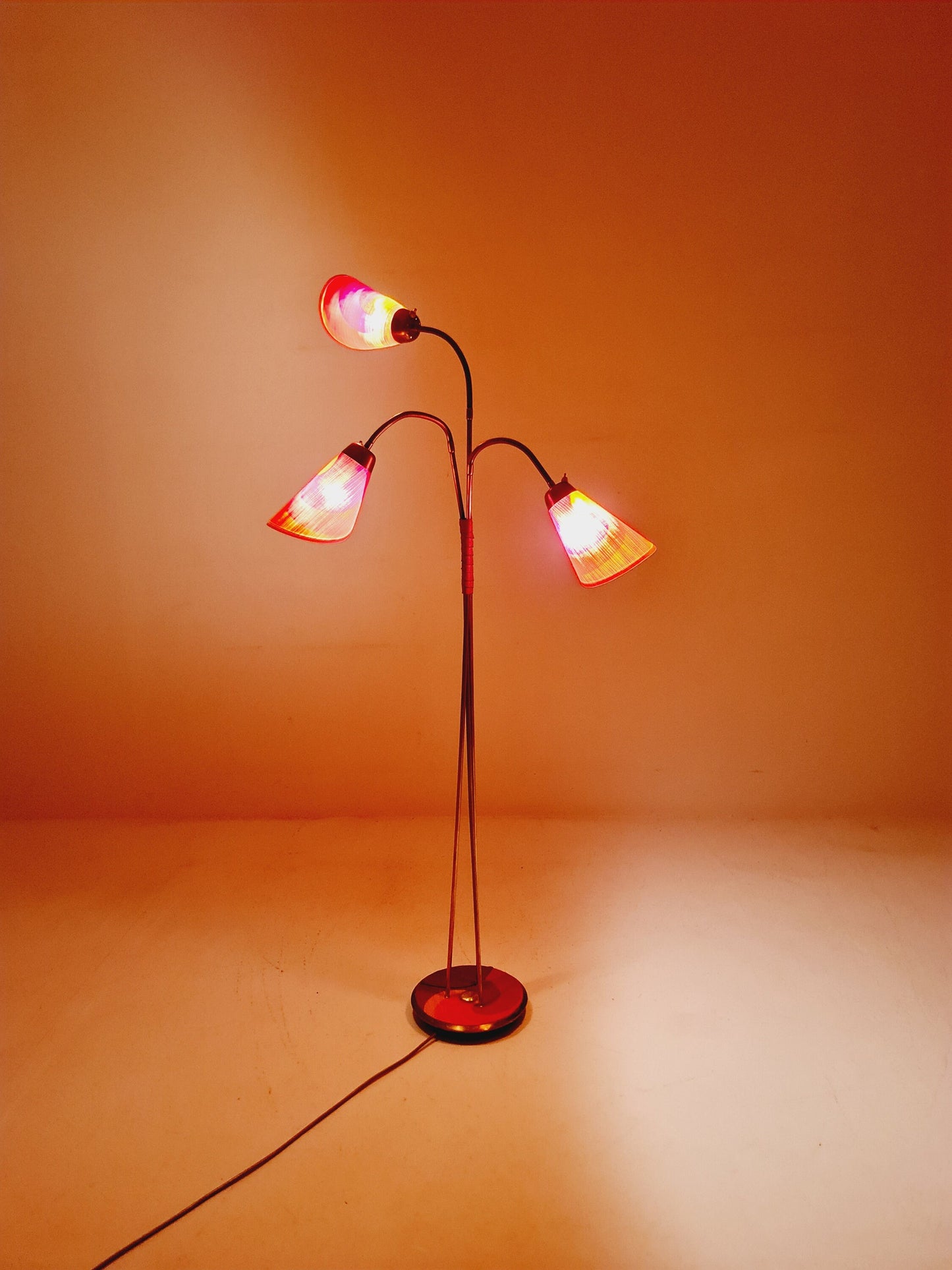 German Modern three flex arms brass floor lamp, tütenlampe, 1950s