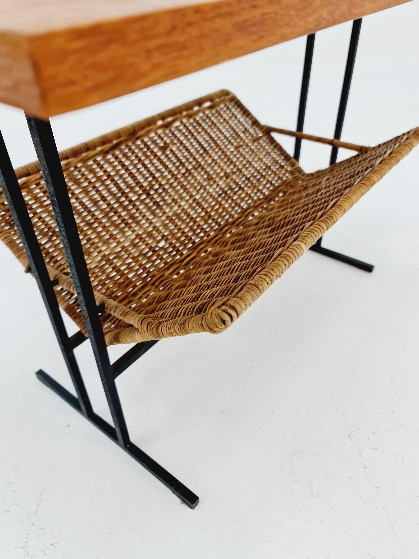 Danish Mid century teak Rattan Side table magazine rack, 1960s
