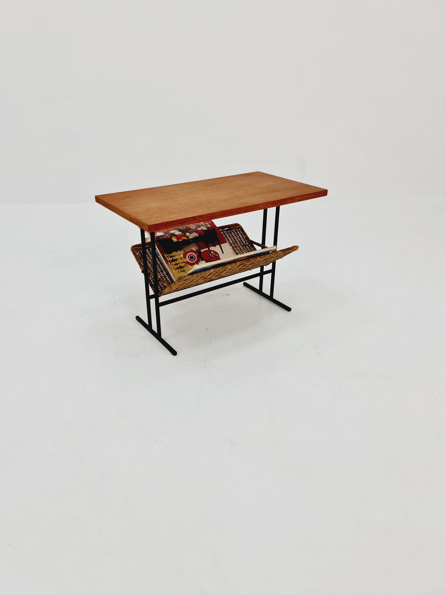 Danish Mid century teak Rattan Side table magazine rack, 1960s