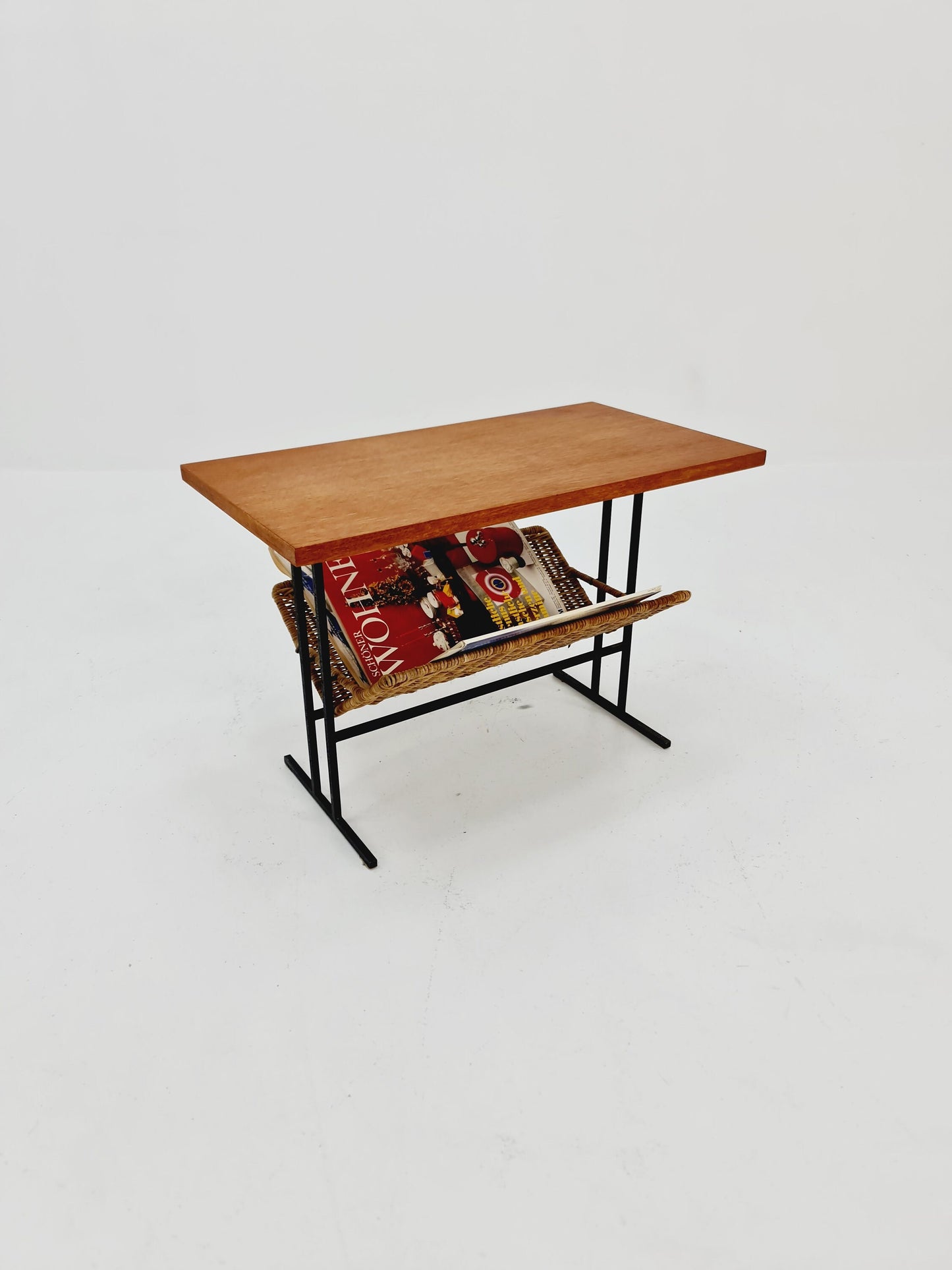 Danish Mid century teak Rattan Side table magazine rack, 1960s