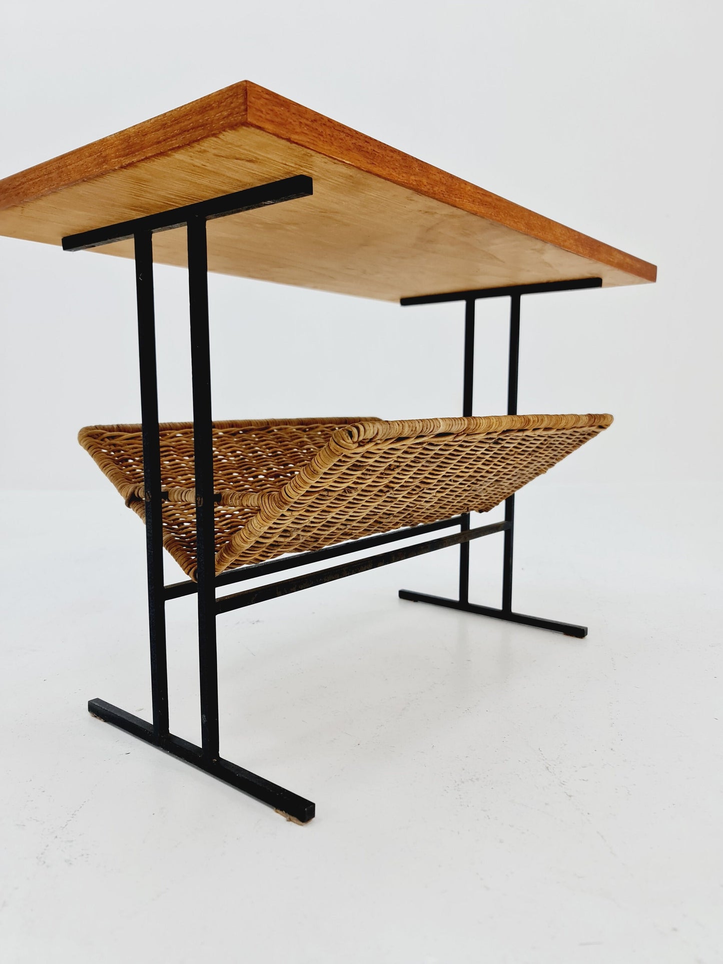 Danish Mid century teak Rattan Side table magazine rack, 1960s