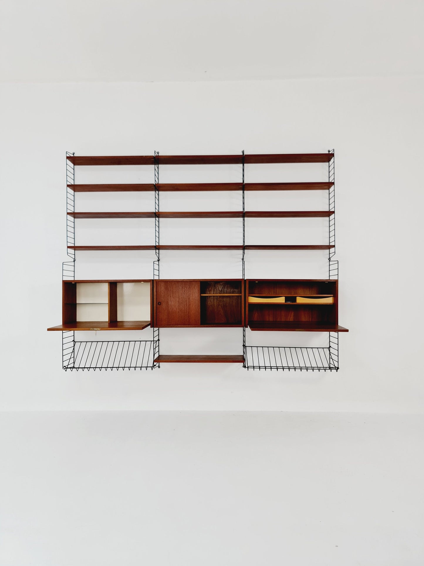 Wall-mounted original Swedish string shelf-system, bookcase teak by Nils & Kajsa Strinning, 1960s
