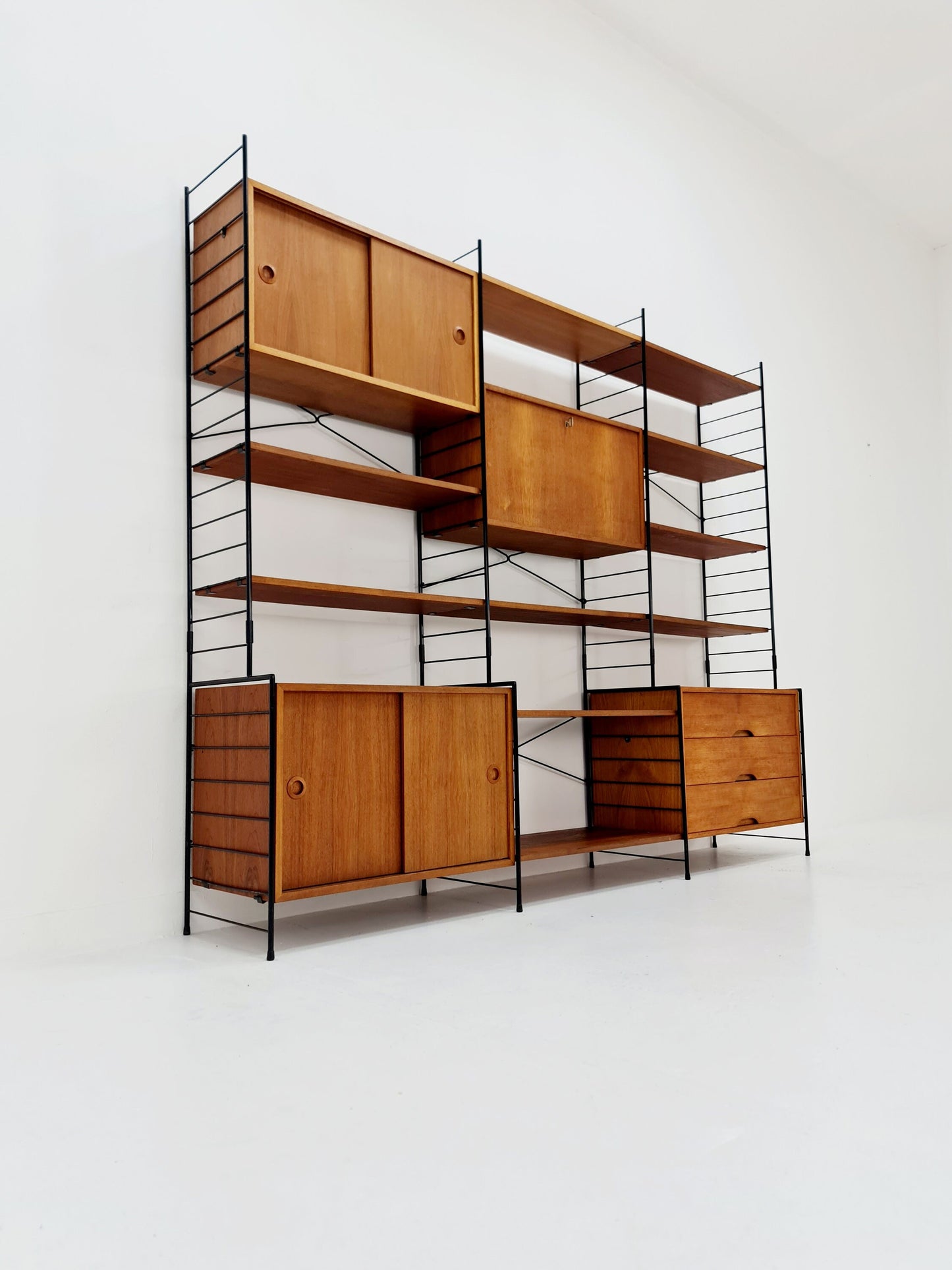 String shelf-system, bookcase with bar cabinet teak by WHB Germany, 1950s