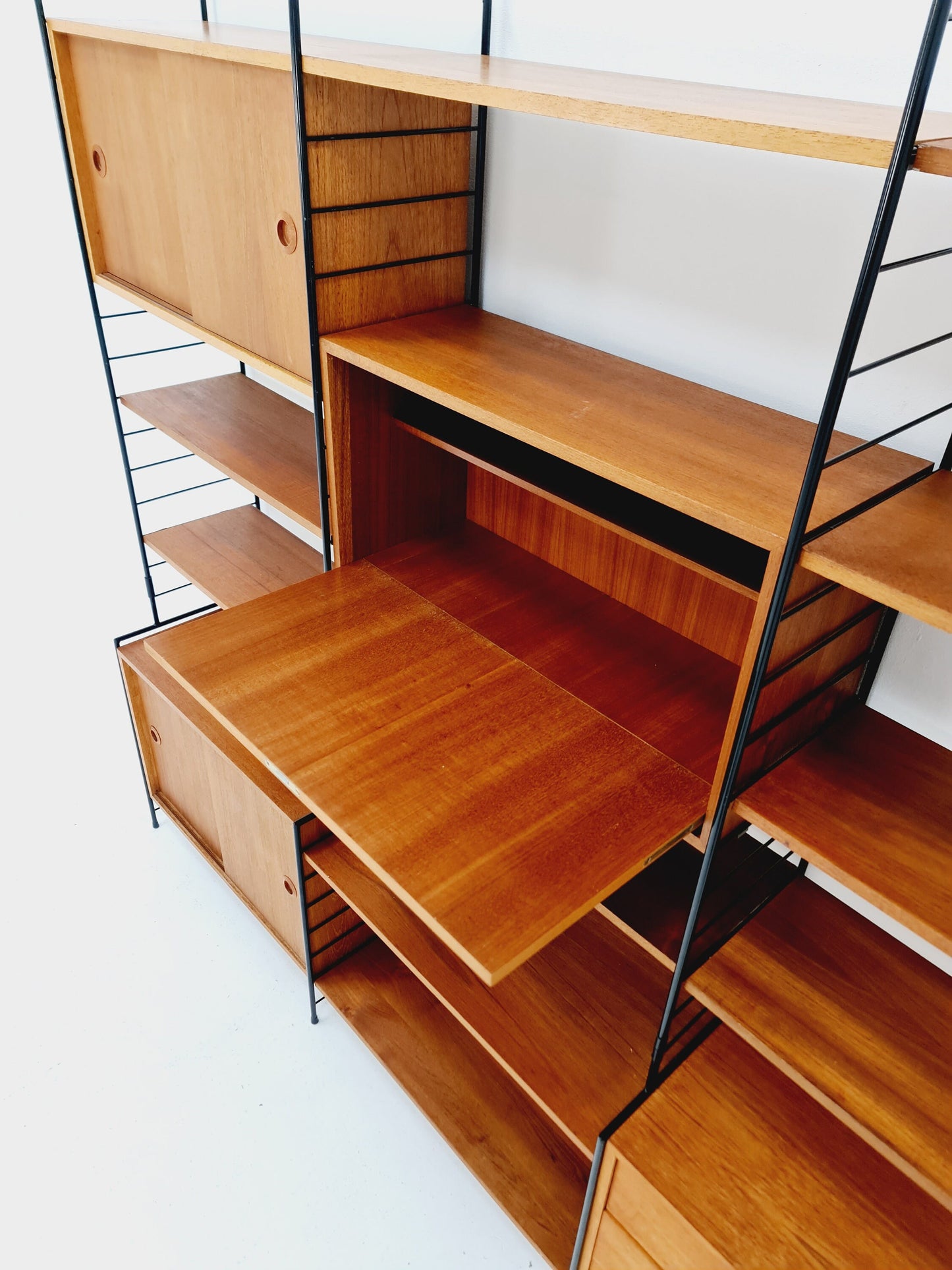 String shelf-system, bookcase with bar cabinet teak by WHB Germany, 1950s