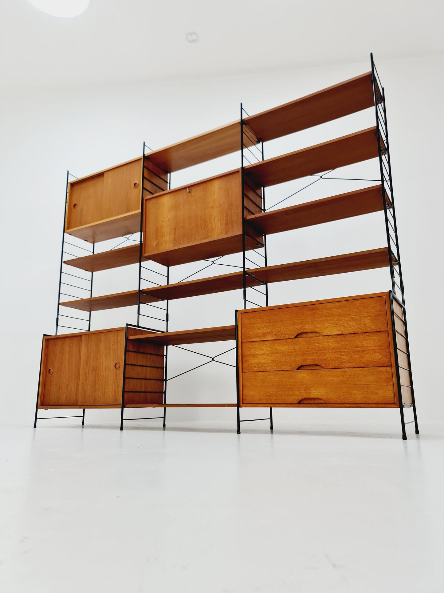 String shelf-system, bookcase with bar cabinet teak by WHB Germany, 1950s