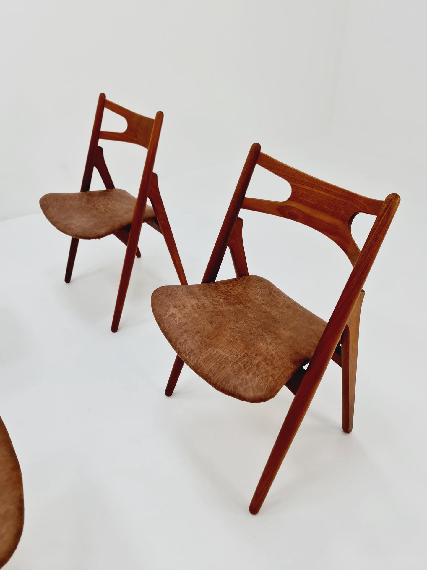 Danish teak with leather sits dining chairs by Hans Wegner for carl Hansen & Son, 1960s, set of 6