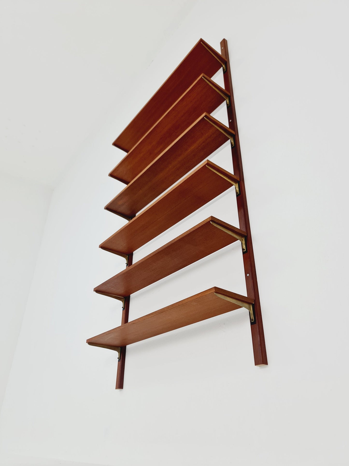Rare Wall-mounted original teak Danish brass shelf-system bookcase, 1960s