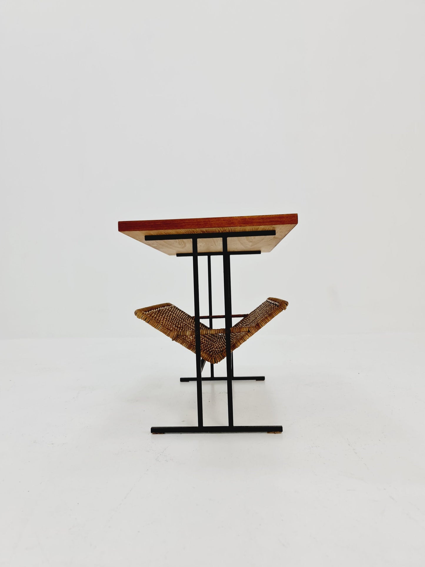 Danish Mid century teak Rattan Side table magazine rack, 1960s