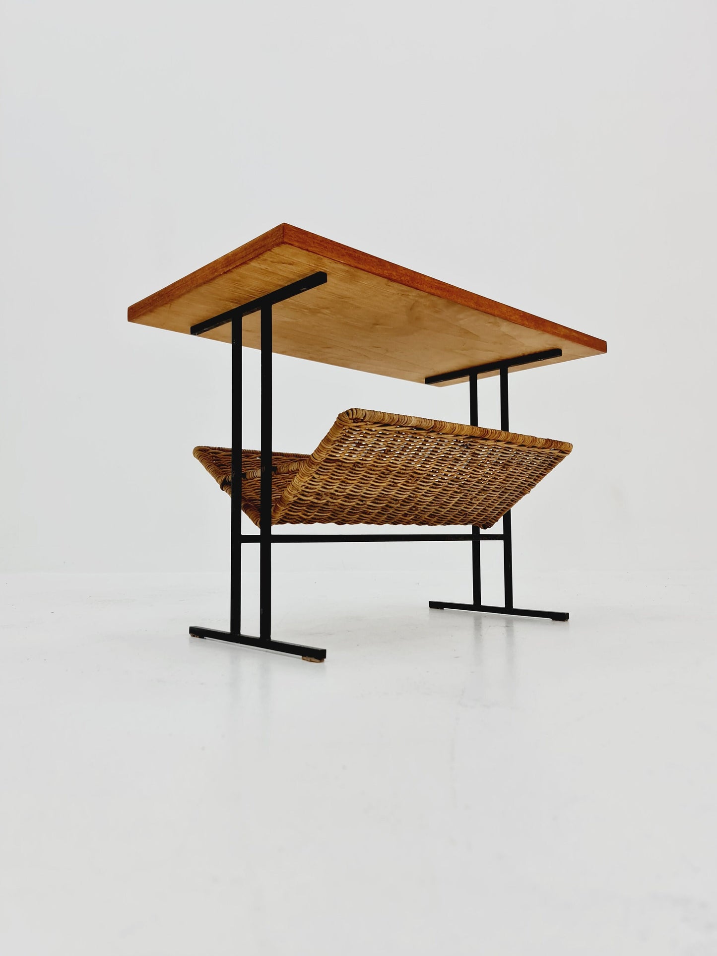 Danish Mid century teak Rattan Side table magazine rack, 1960s