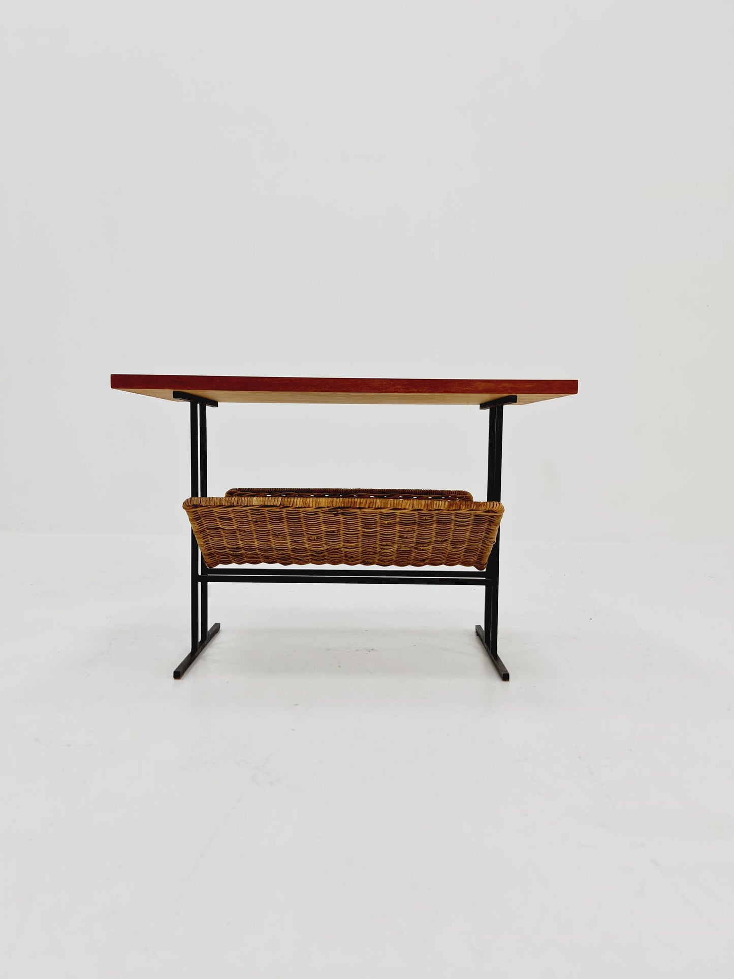 Danish Mid century teak Rattan Side table magazine rack, 1960s
