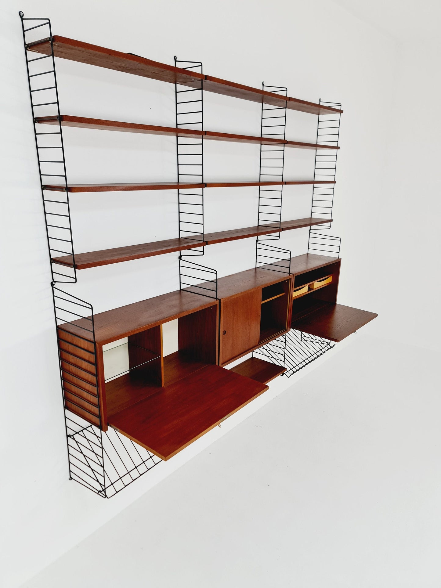 Wall-mounted original Swedish string shelf-system, bookcase teak by Nils & Kajsa Strinning, 1960s