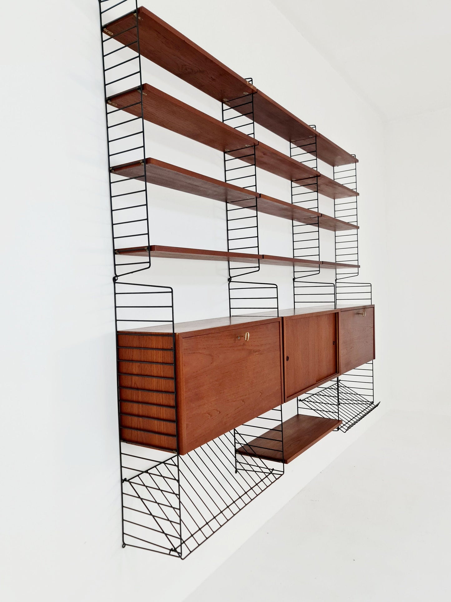 Wall-mounted original Swedish string shelf-system, bookcase teak by Nils & Kajsa Strinning, 1960s